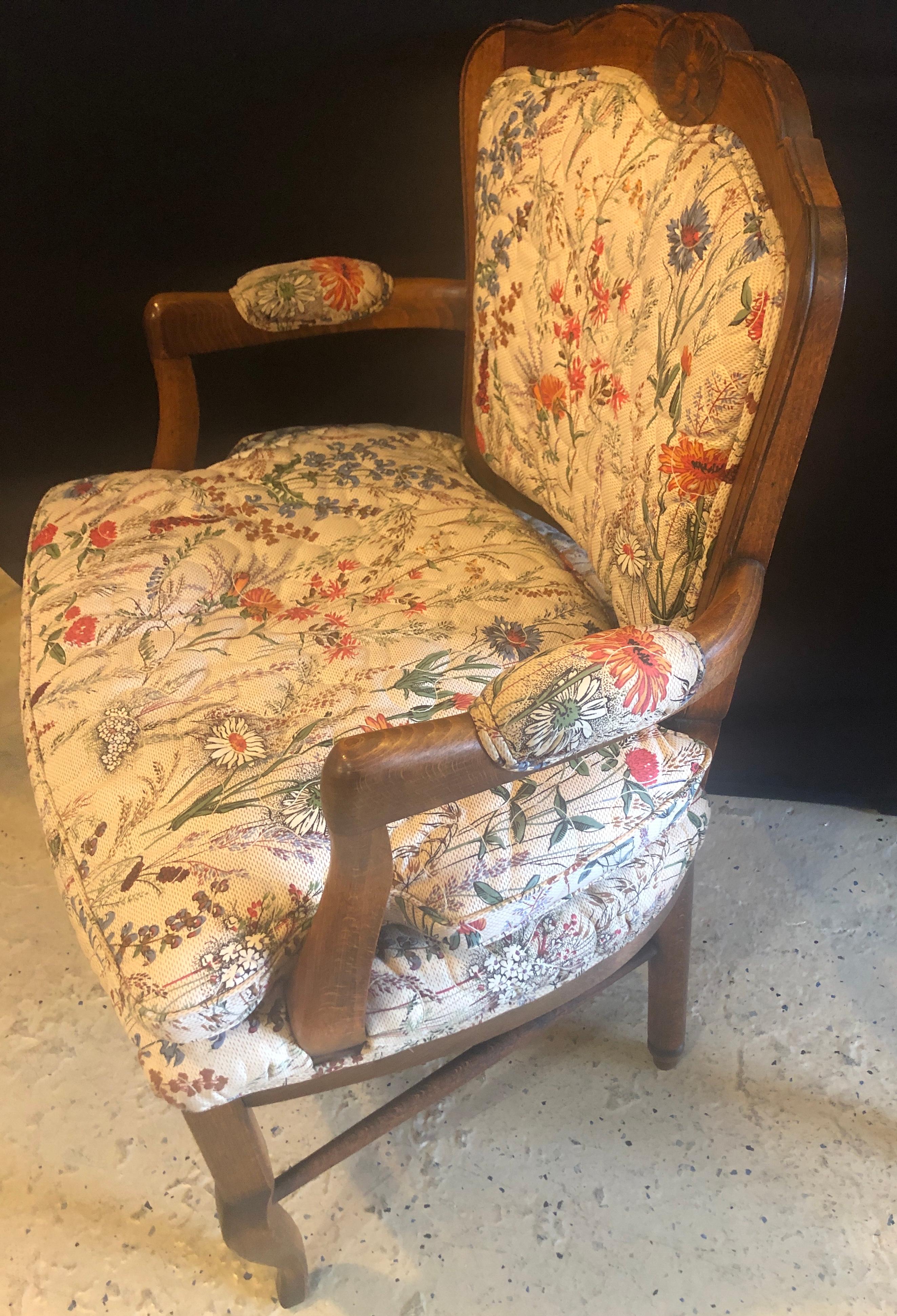 20th Century Country French Boudoir Fauteuil Louis XV Chairs in Quilted like Upholstery, pair