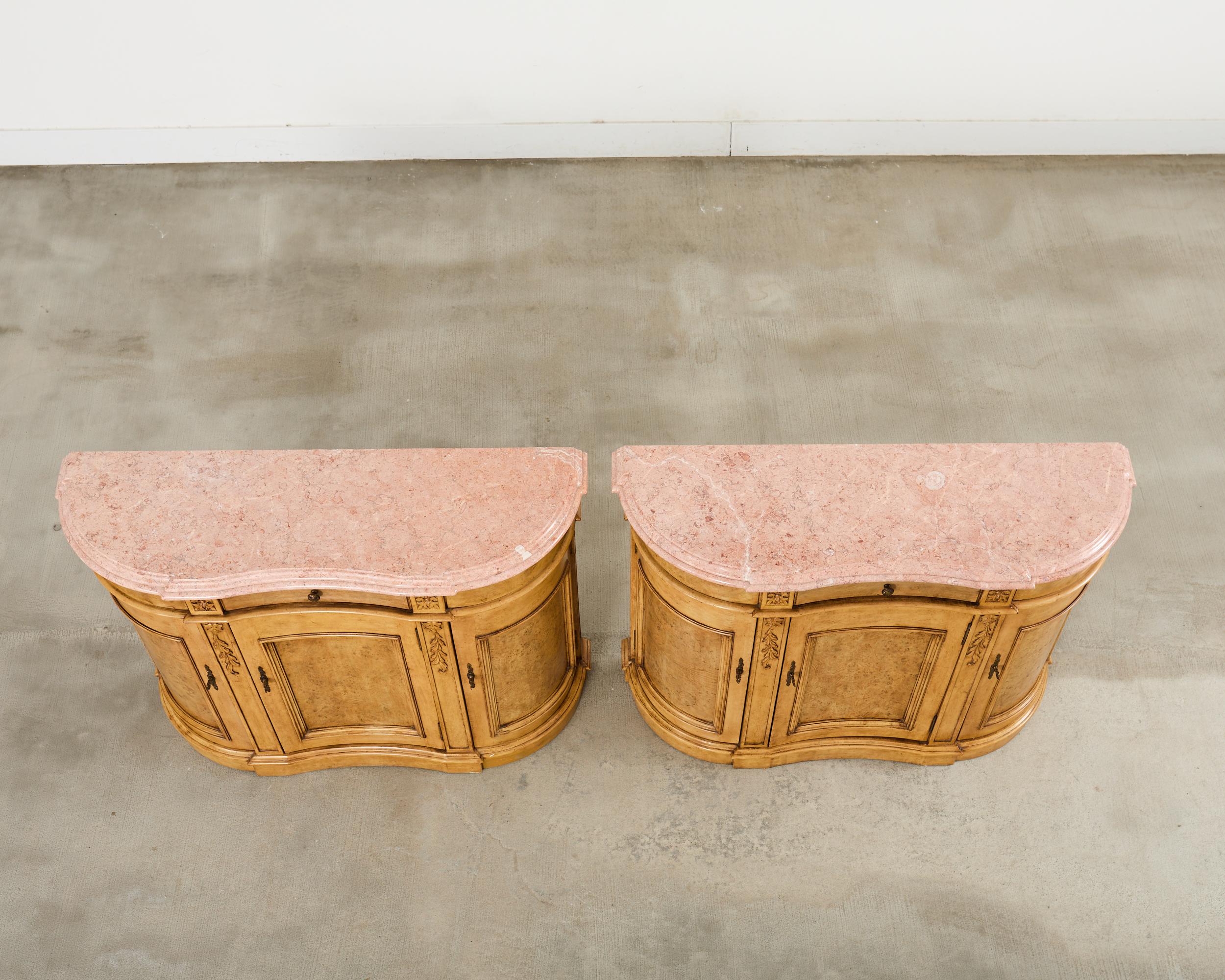 Hand-Crafted Pair Country French Provincial Marble Top Demilune Sideboards For Sale