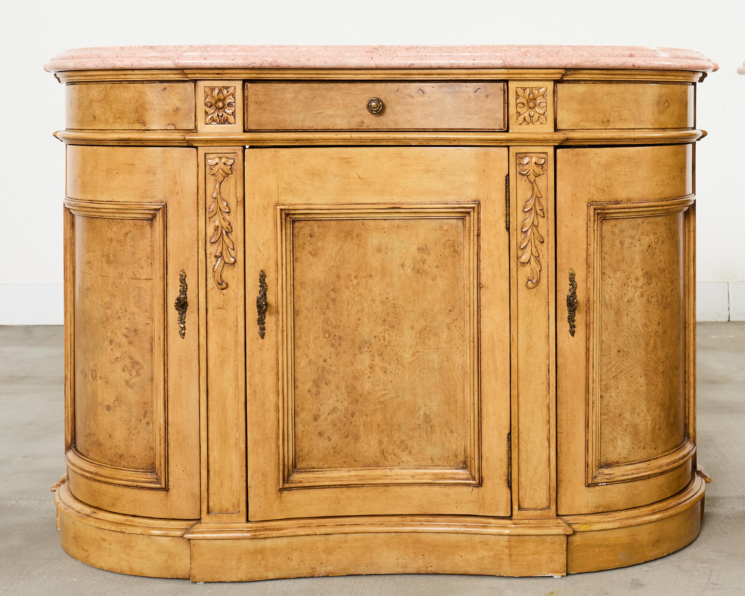 Pair Country French Provincial Marble Top Demilune Sideboards In Good Condition For Sale In Rio Vista, CA