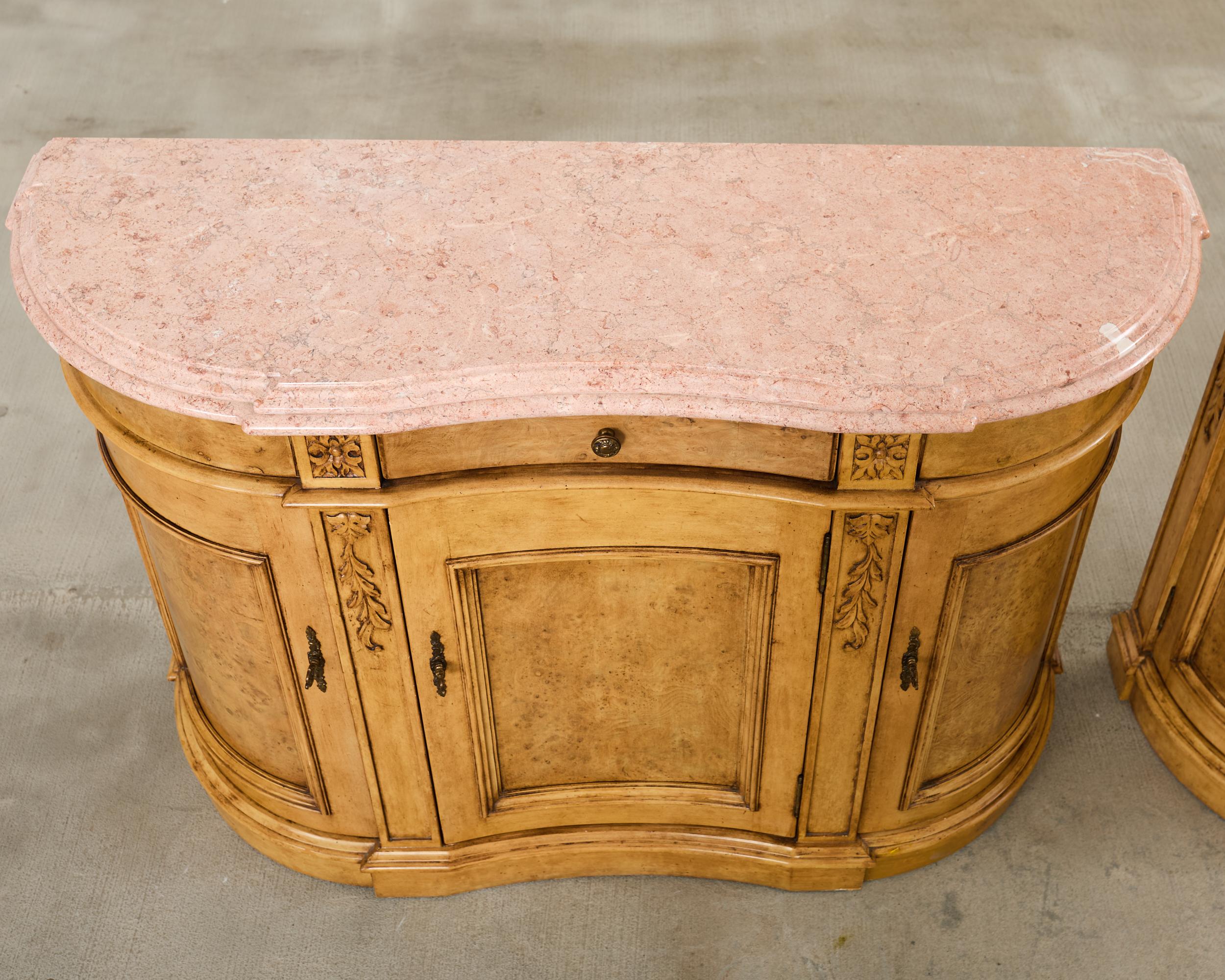 20th Century Pair Country French Provincial Marble Top Demilune Sideboards For Sale