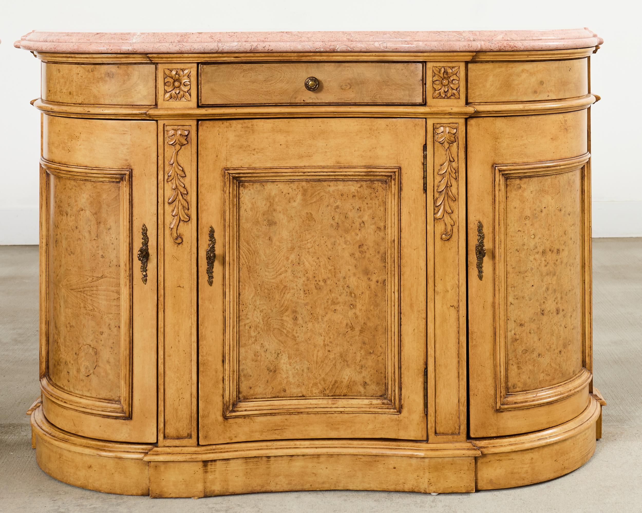 Brass Pair Country French Provincial Marble Top Demilune Sideboards For Sale