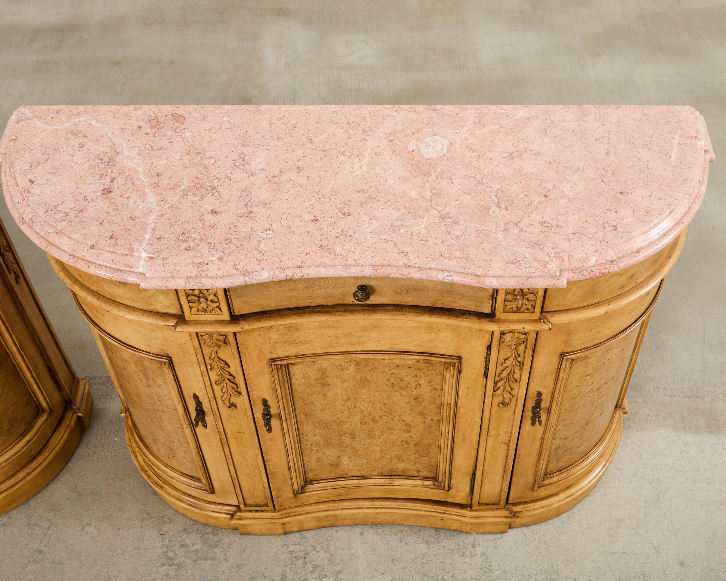 Pair Country French Provincial Marble Top Demilune Sideboards For Sale 1