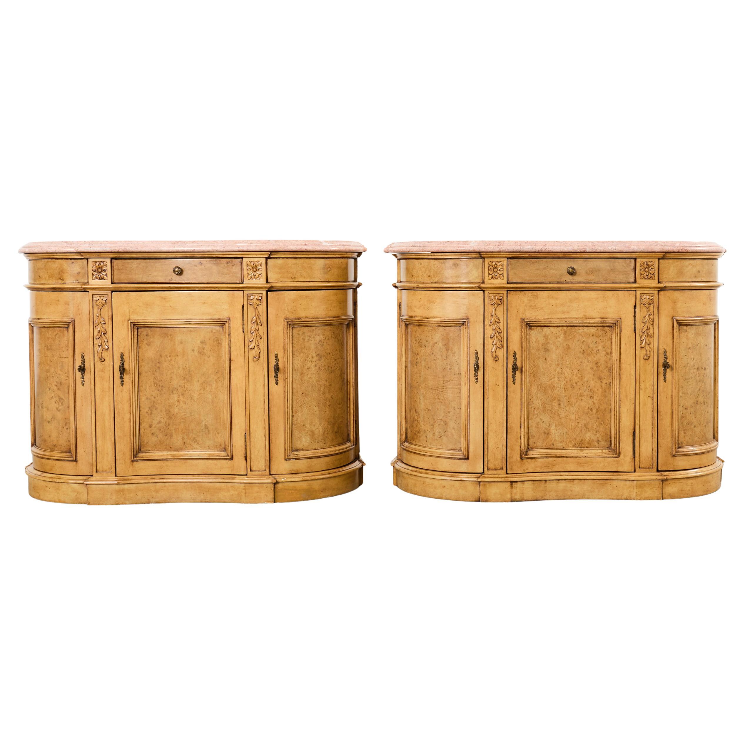 Pair Country French Provincial Marble Top Demilune Sideboards For Sale