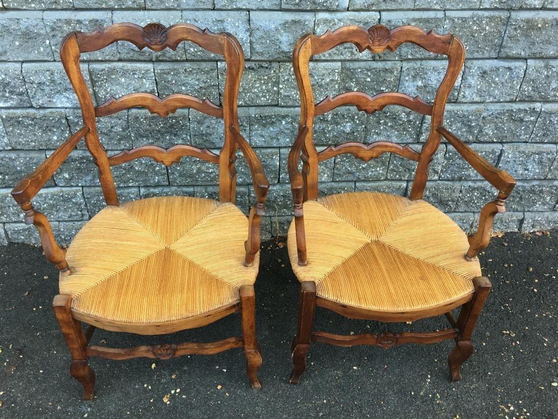 French Provincial Pair of Country Louis XV Style Ladder Back Armchairs