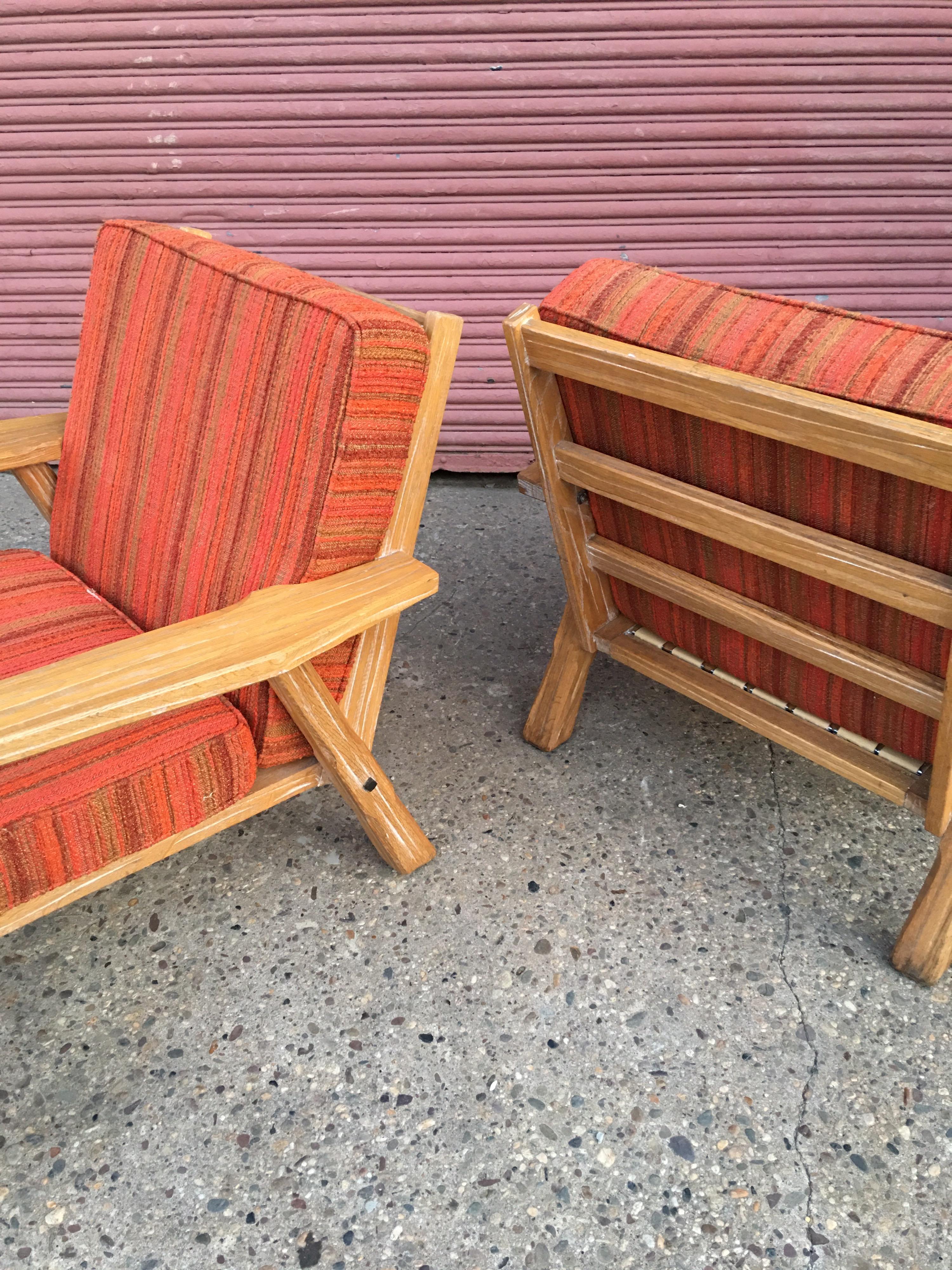 American Pair of Cowboy Modern Pickled Ranch Oak Lounge Chairs for Brandt