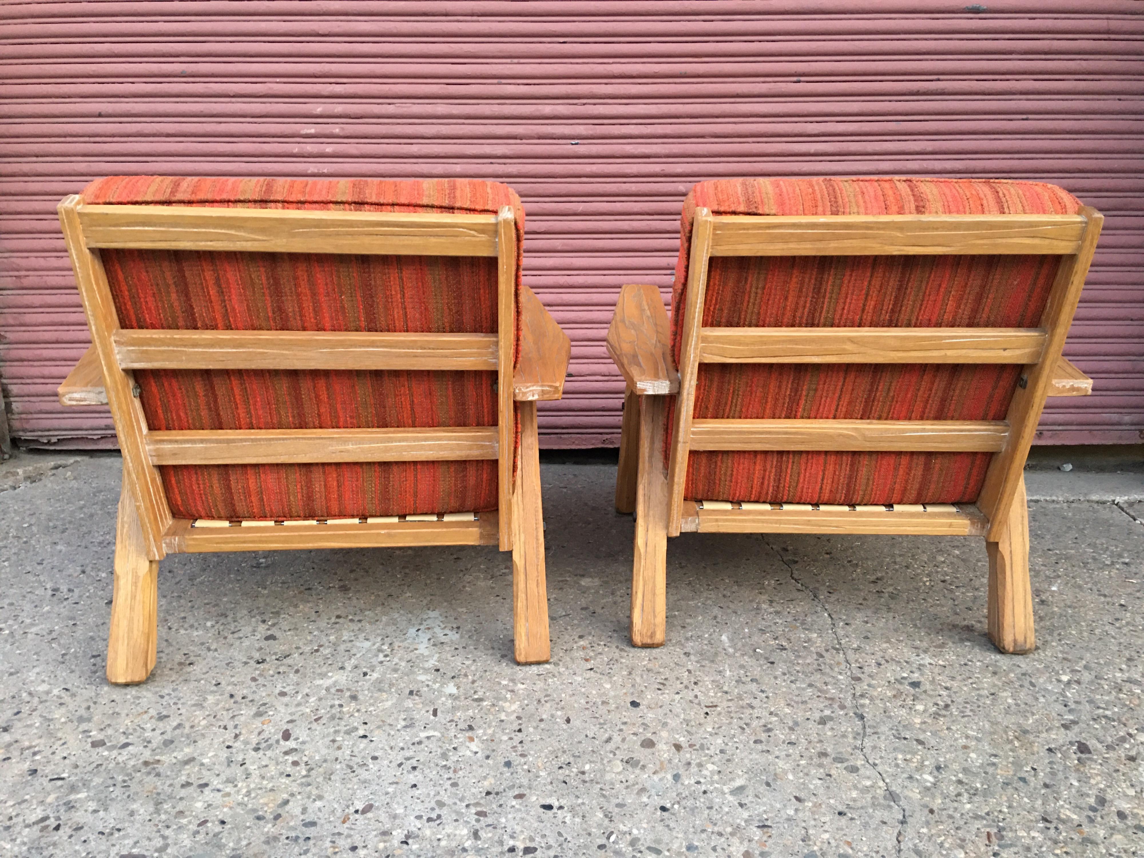 Pair of Cowboy Modern Pickled Ranch Oak Lounge Chairs for Brandt In Good Condition In Philadelphia, PA