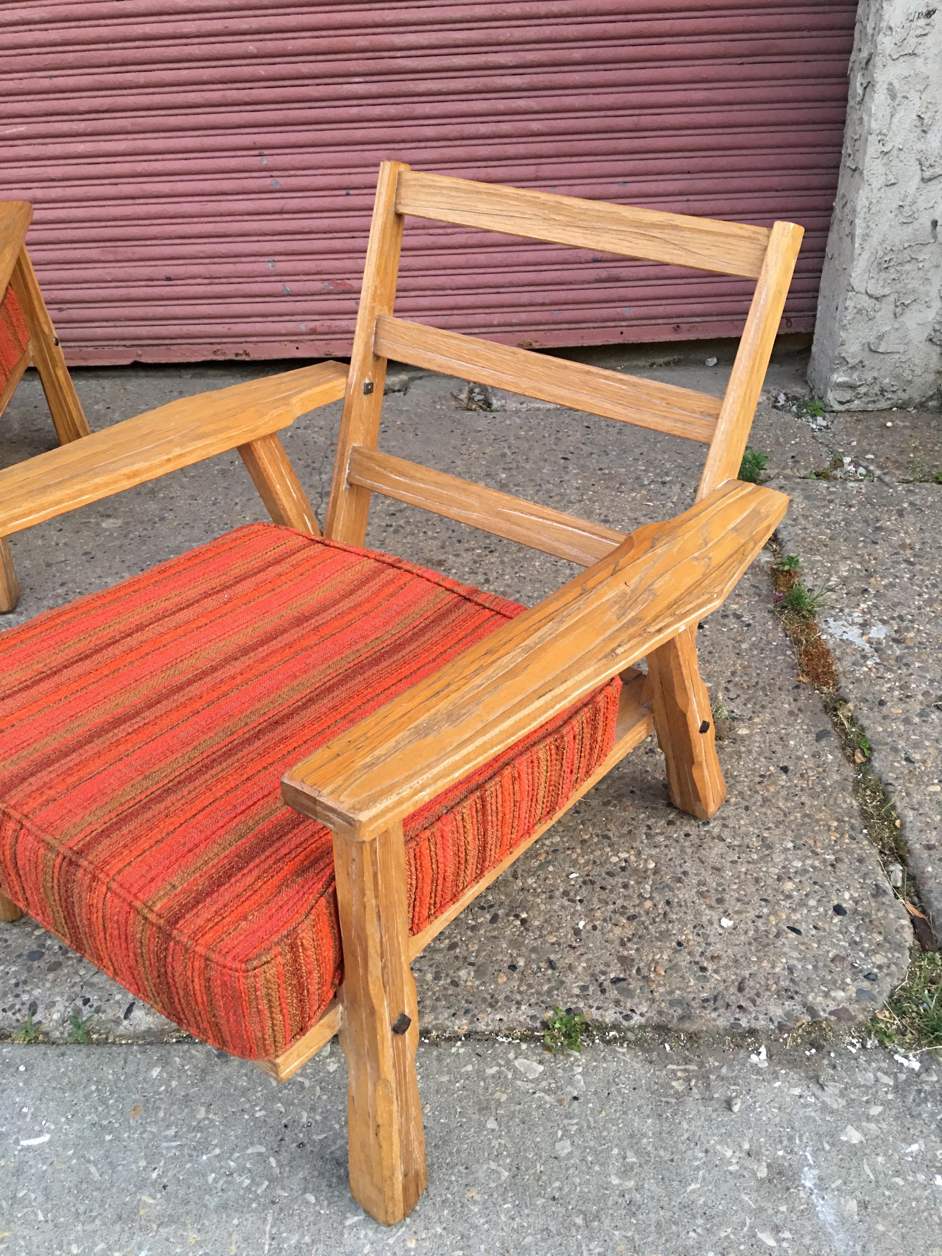 Mid-20th Century Pair of Cowboy Modern Pickled Ranch Oak Lounge Chairs for Brandt