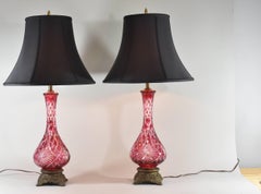 Pair of Cranberry Glass Cut to Clear Single Socket Table Lamps