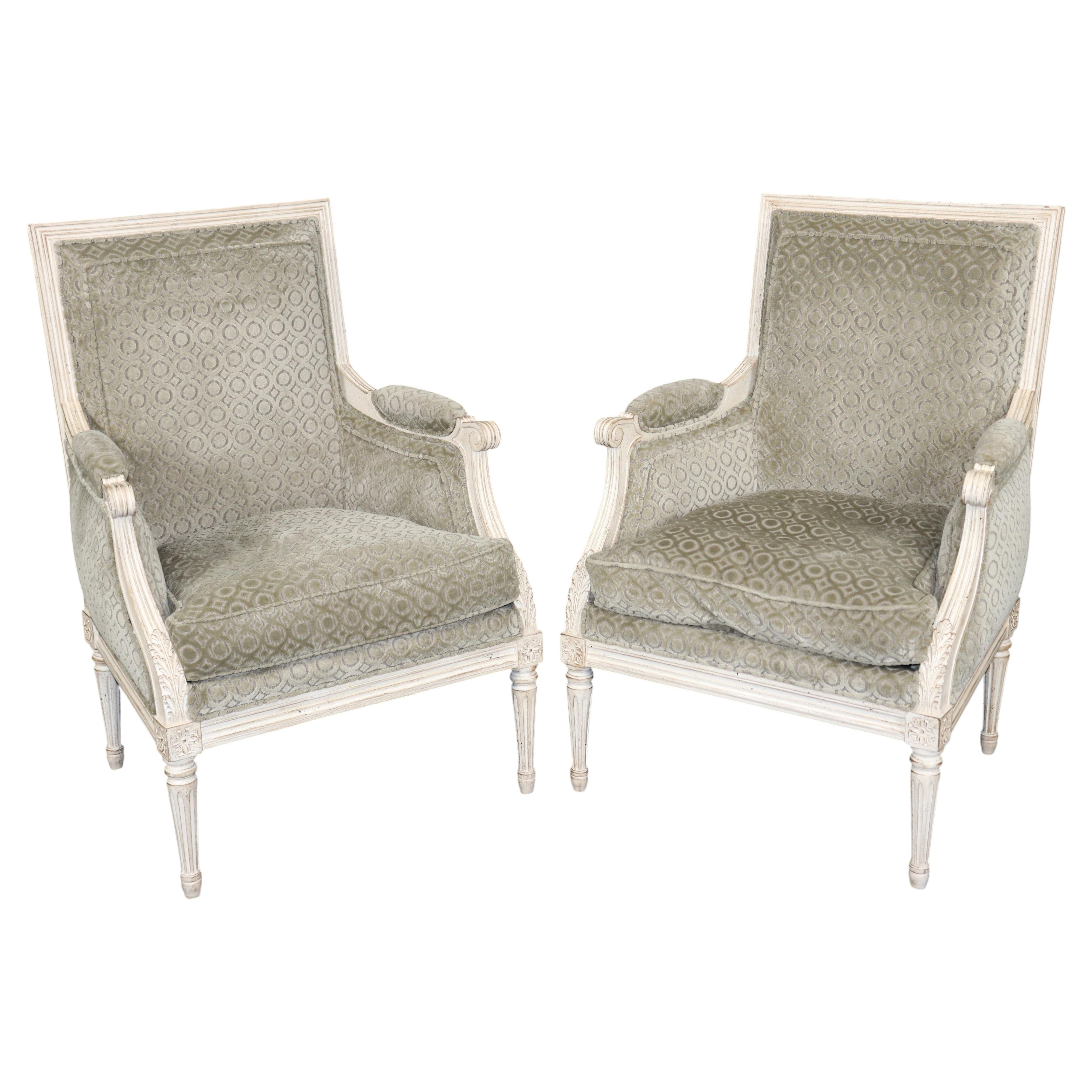 Pair Creme Distressed Painted French Louis XVI Bergere Chairs