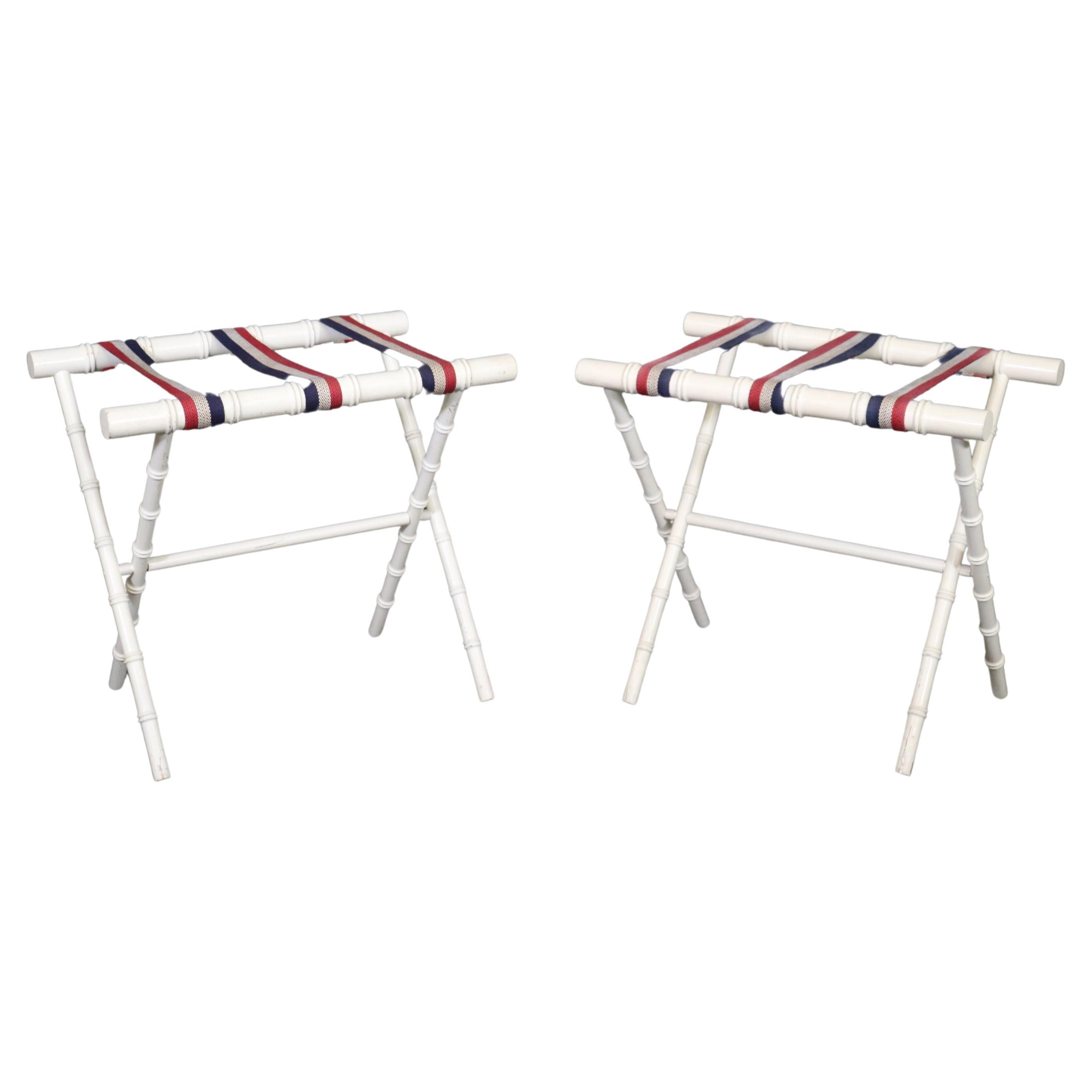 Pair Creme Paint Decorated Faux Bamboo Luggage Racks in Manner of Jacques Adnet For Sale