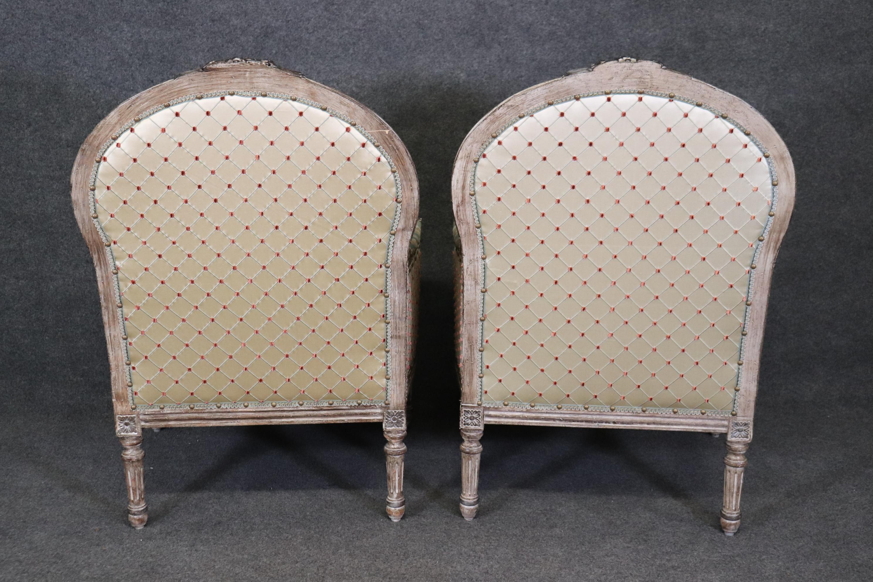 Walnut Pair Creme Paint Decorated Pleated Carved French Louis XVI Bergere Chairs 