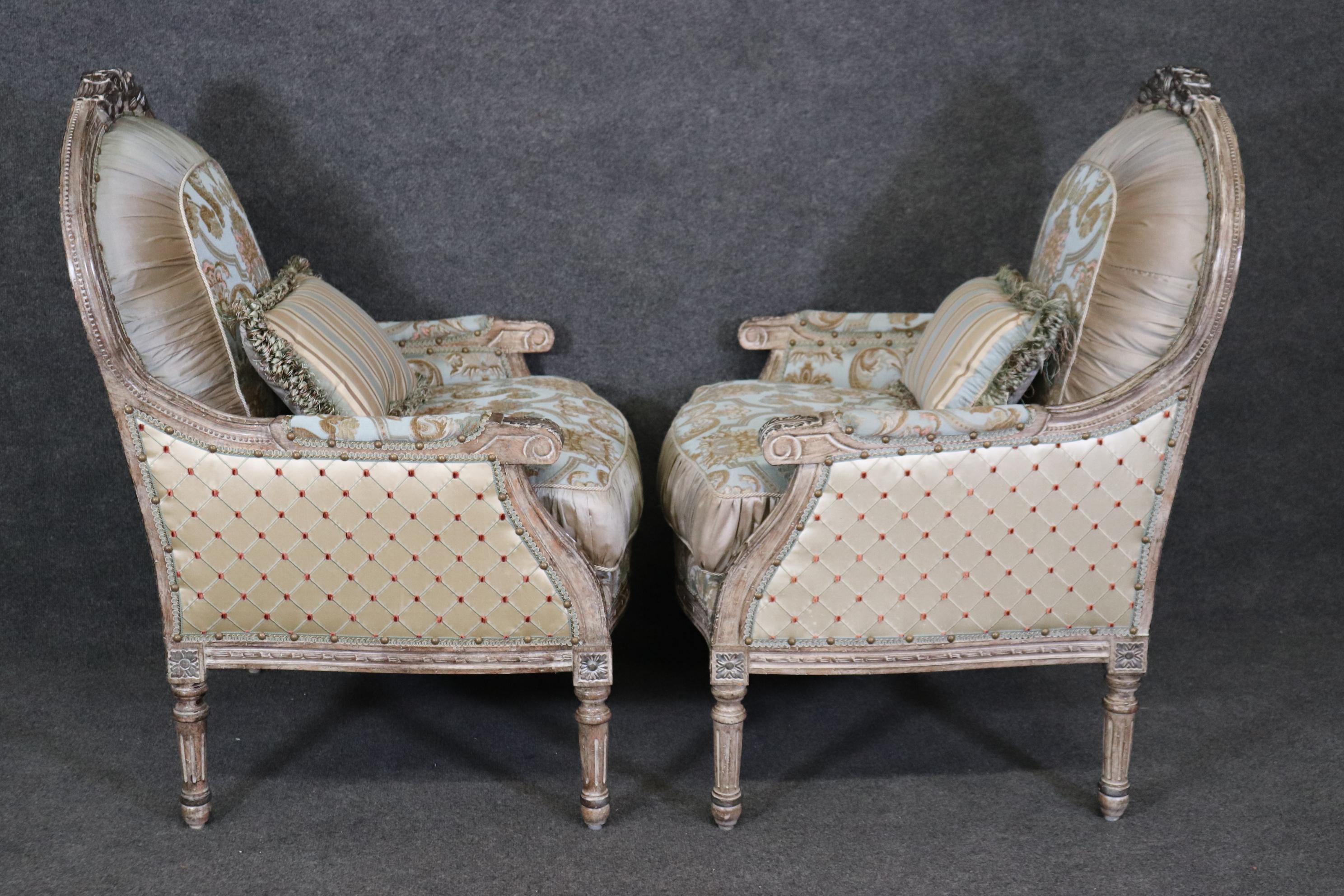 Pair Creme Paint Decorated Pleated Carved French Louis XVI Bergere Chairs  1