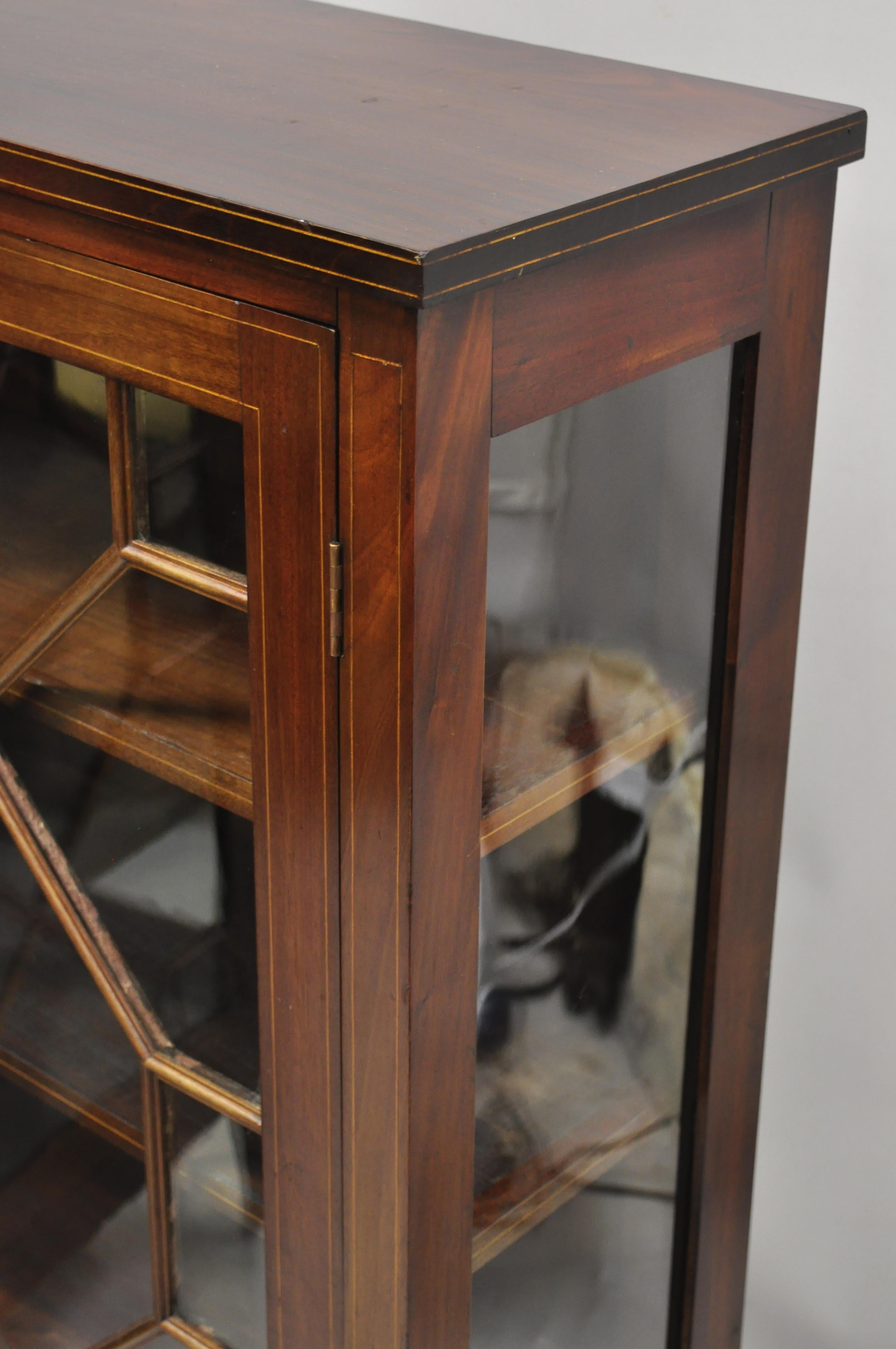 Pair of Crotch Mahogany Inlaid Edwardian Glass Display Cabinet Curio Bookcases 5
