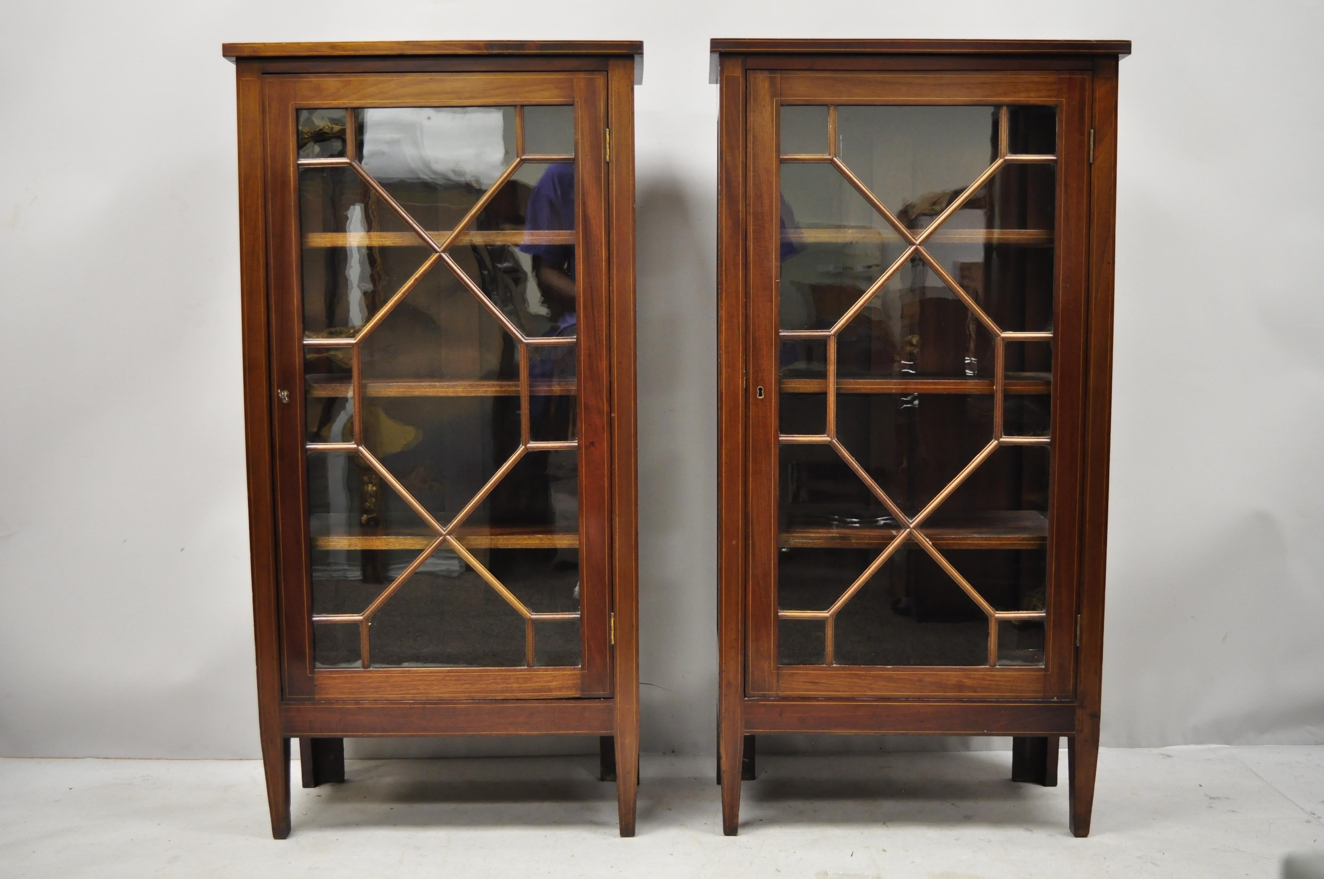 Pair of Crotch Mahogany Inlaid Edwardian Glass Display Cabinet Curio Bookcases 6