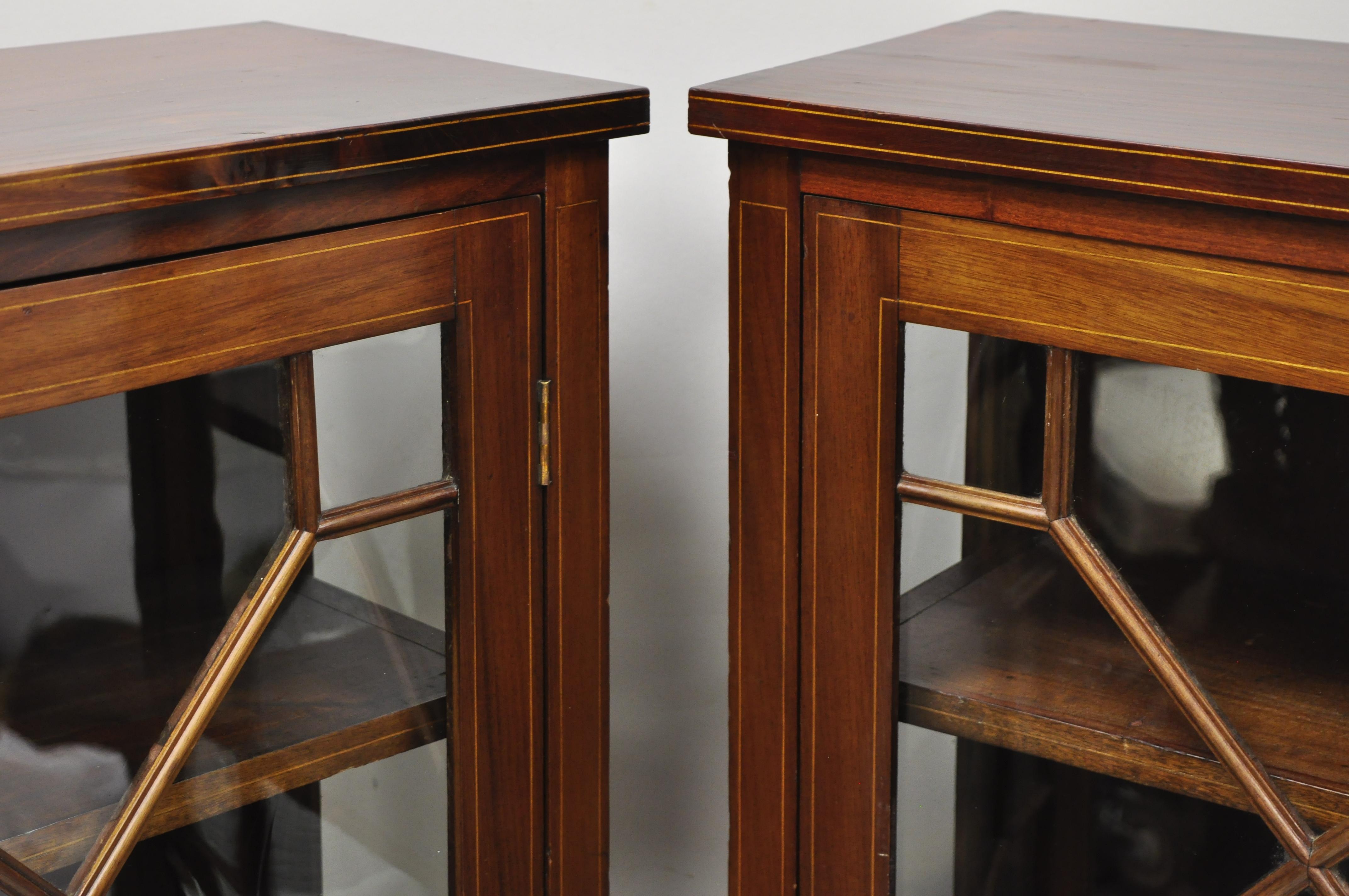 English Pair of Crotch Mahogany Inlaid Edwardian Glass Display Cabinet Curio Bookcases