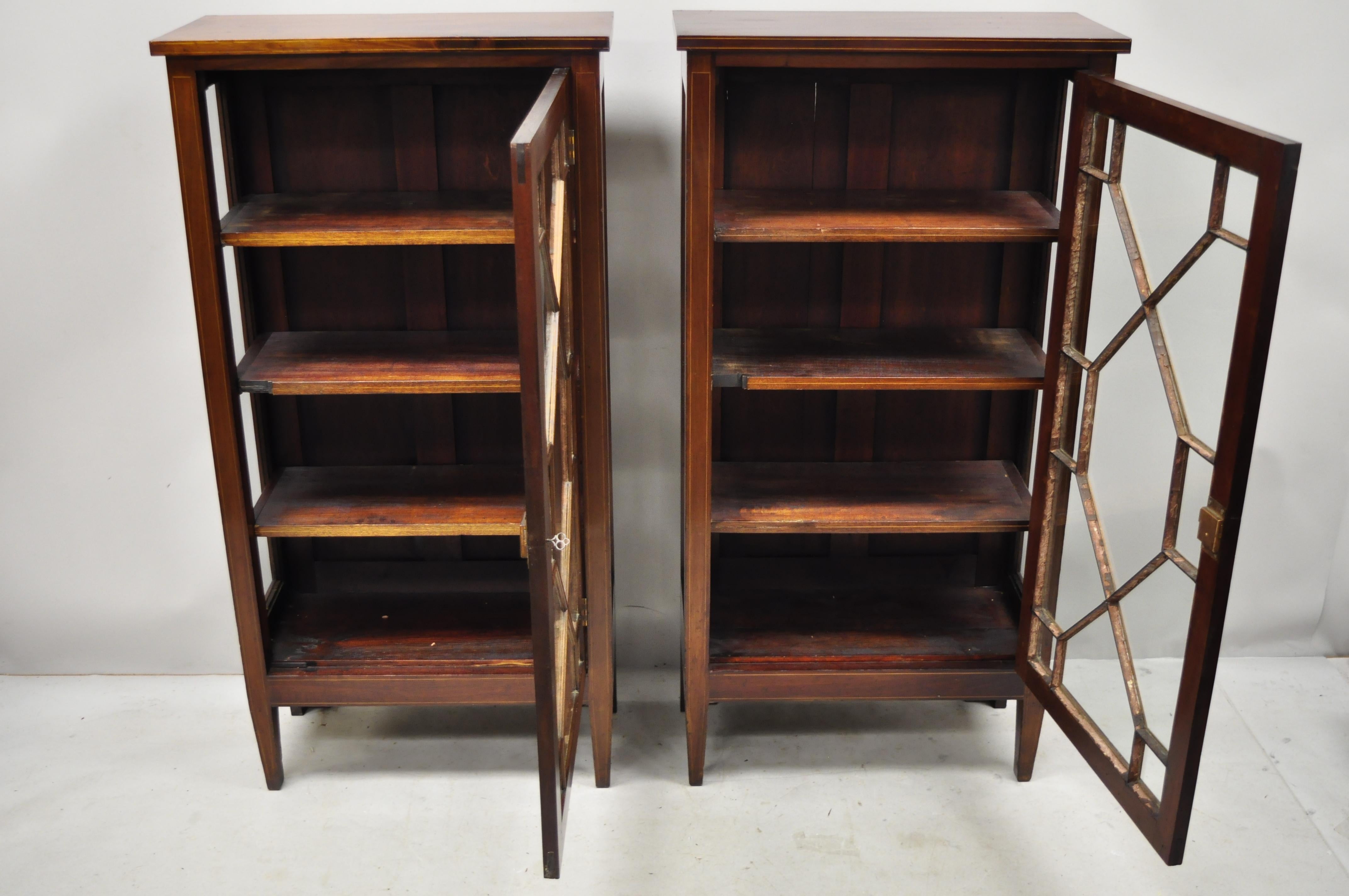 Pair of Crotch Mahogany Inlaid Edwardian Glass Display Cabinet Curio Bookcases 2
