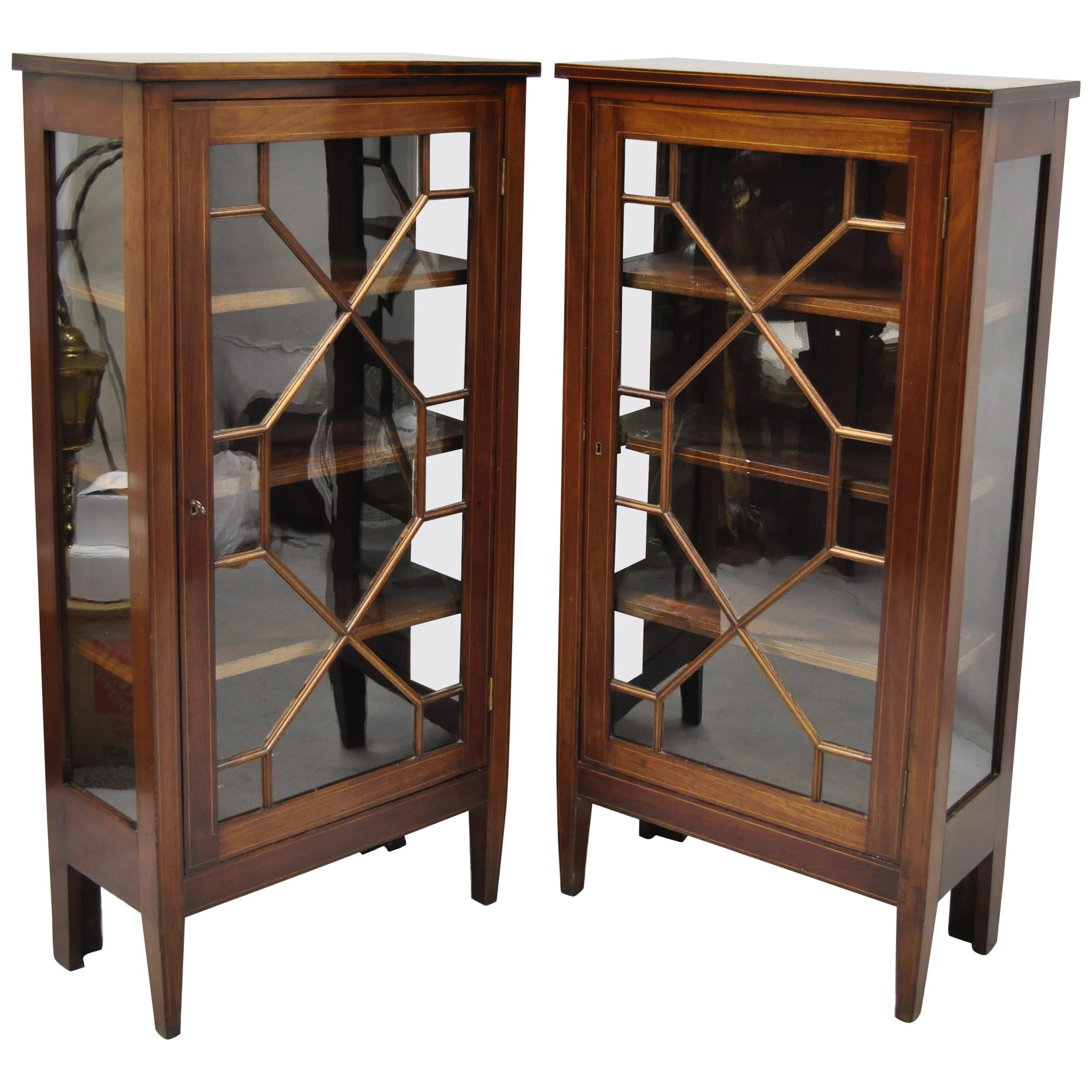 Pair of Crotch Mahogany Inlaid Edwardian Glass Display Cabinet Curio Bookcases