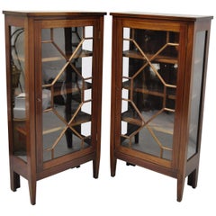 Antique Pair of Crotch Mahogany Inlaid Edwardian Glass Display Cabinet Curio Bookcases