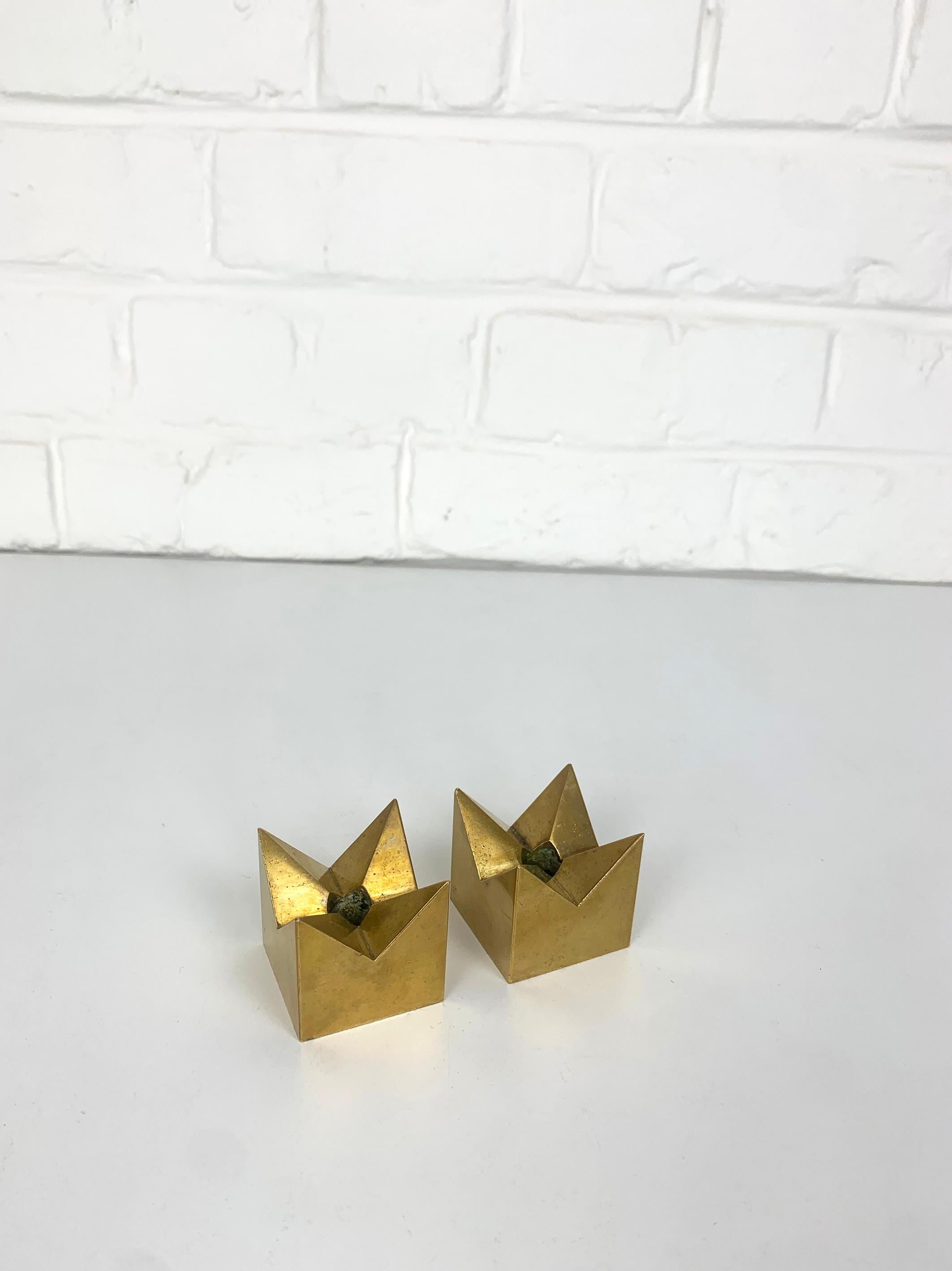 Pair Crown Candleholders in Brass by Pierre Forssell Skultuna Sweden 1960s 4