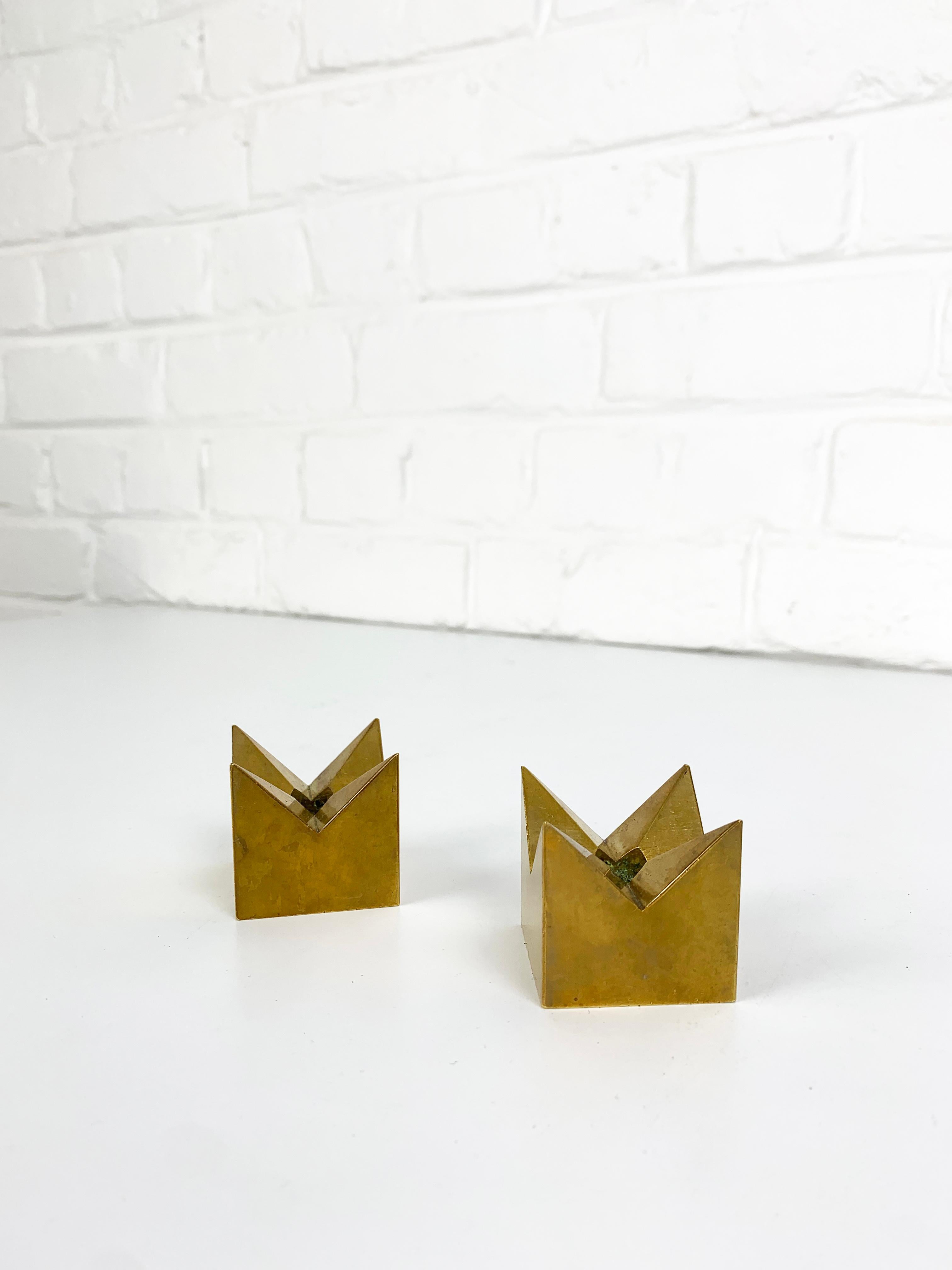 Scandinavian Modern Pair Crown Candleholders in Brass by Pierre Forssell Skultuna Sweden 1960s