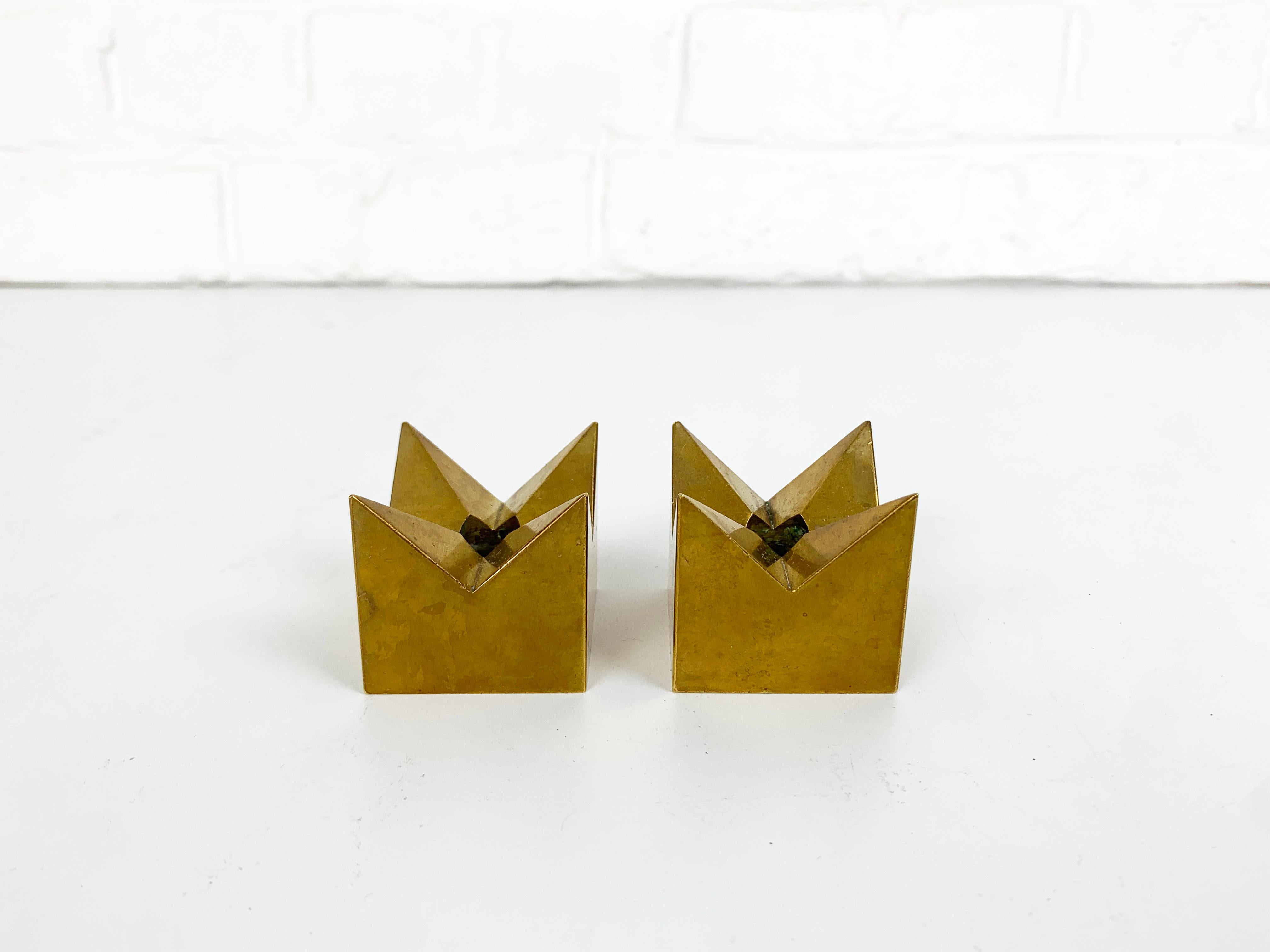 Swedish Pair Crown Candleholders in Brass by Pierre Forssell Skultuna Sweden 1960s