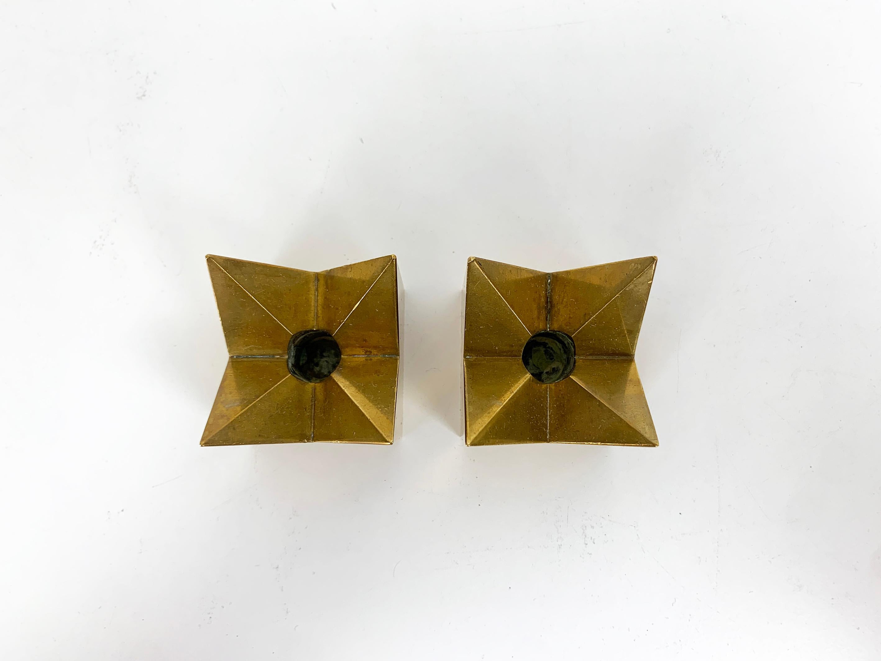 20th Century Pair Crown Candleholders in Brass by Pierre Forssell Skultuna Sweden 1960s