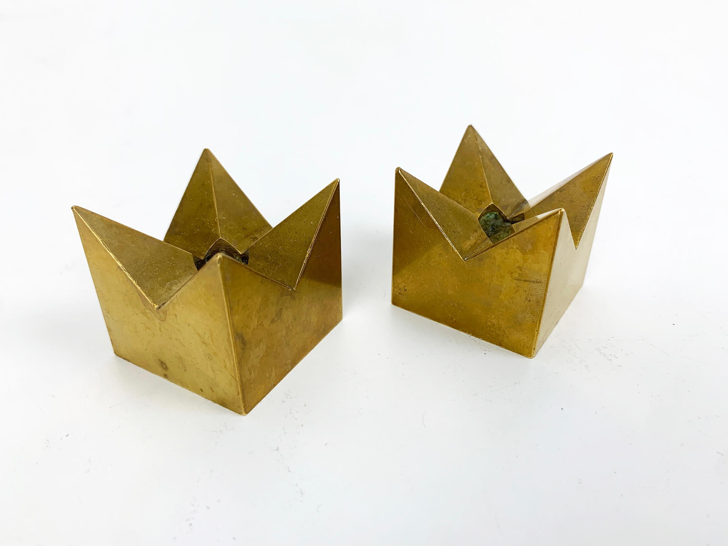 Pair Crown Candleholders in Brass by Pierre Forssell Skultuna Sweden 1960s 1