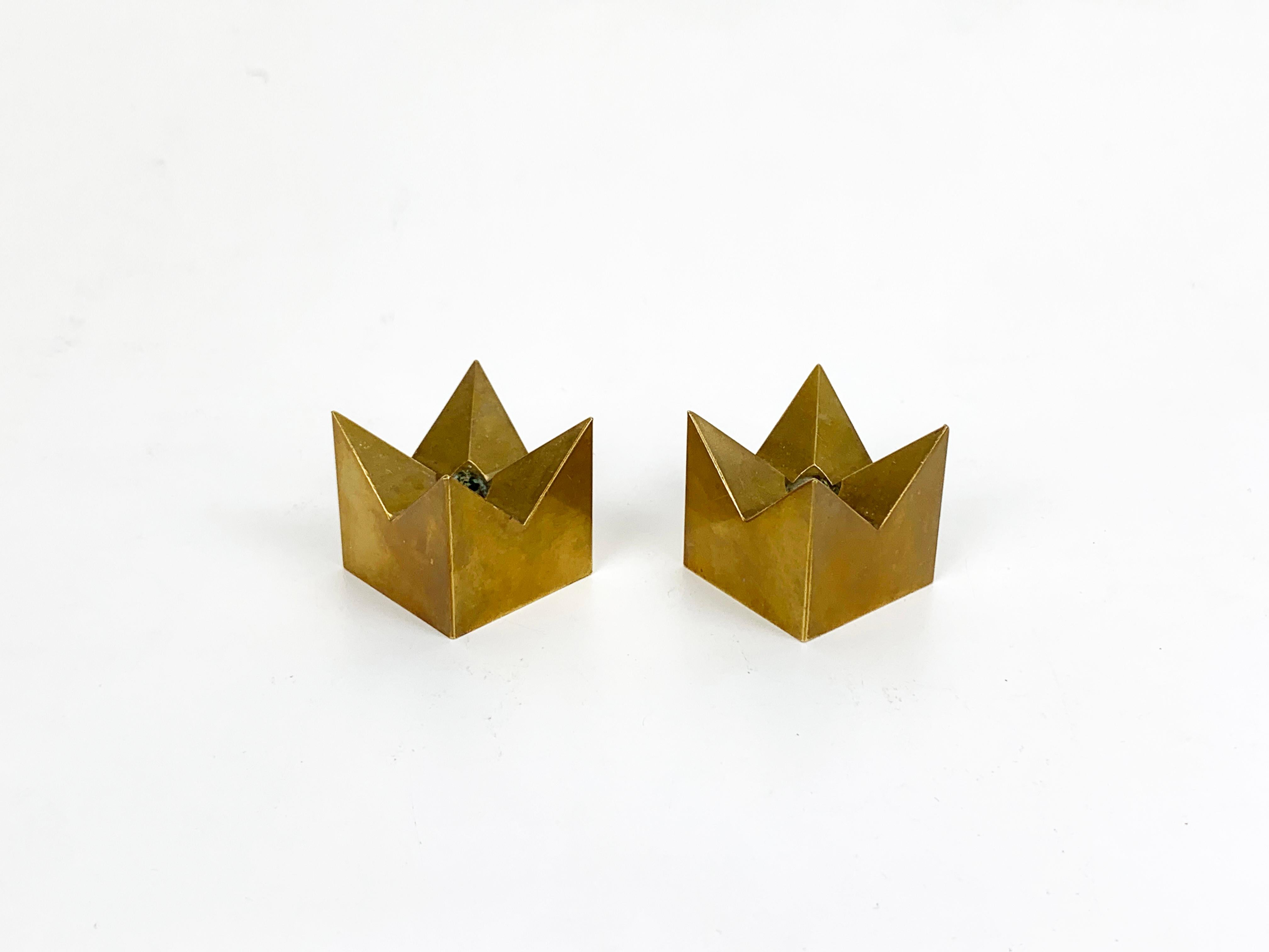 Pair Crown Candleholders in Brass by Pierre Forssell Skultuna Sweden 1960s 2