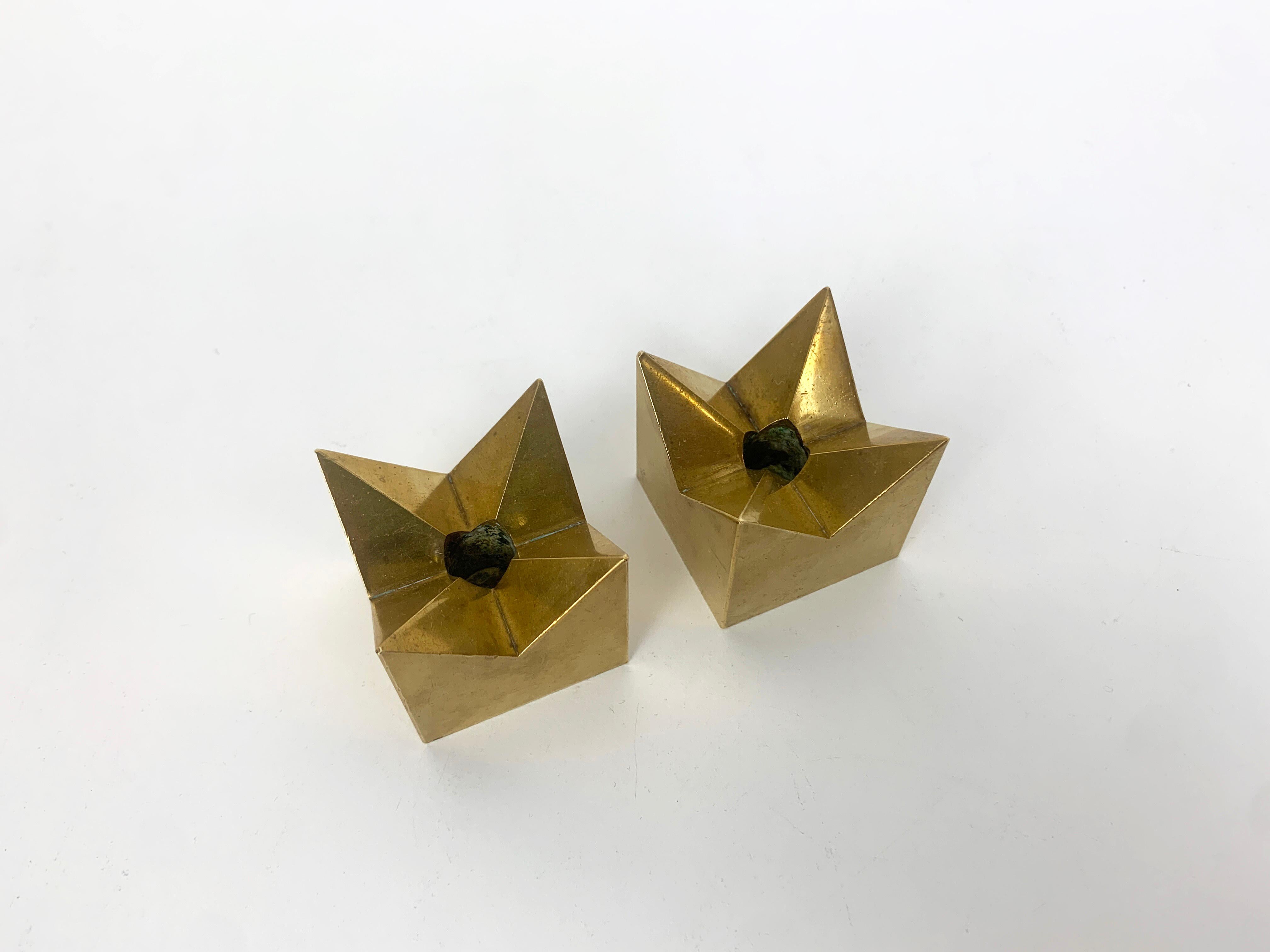 Pair Crown Candleholders in Brass by Pierre Forssell Skultuna Sweden 1960s 3