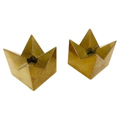 Vintage Pair Crown Candleholders in Brass by Pierre Forssell Skultuna Sweden 1960s