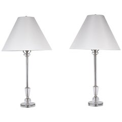 Vintage Pair Crystal Clear Candlestick Table Lamps with Crystal Ball Bases, 1940's