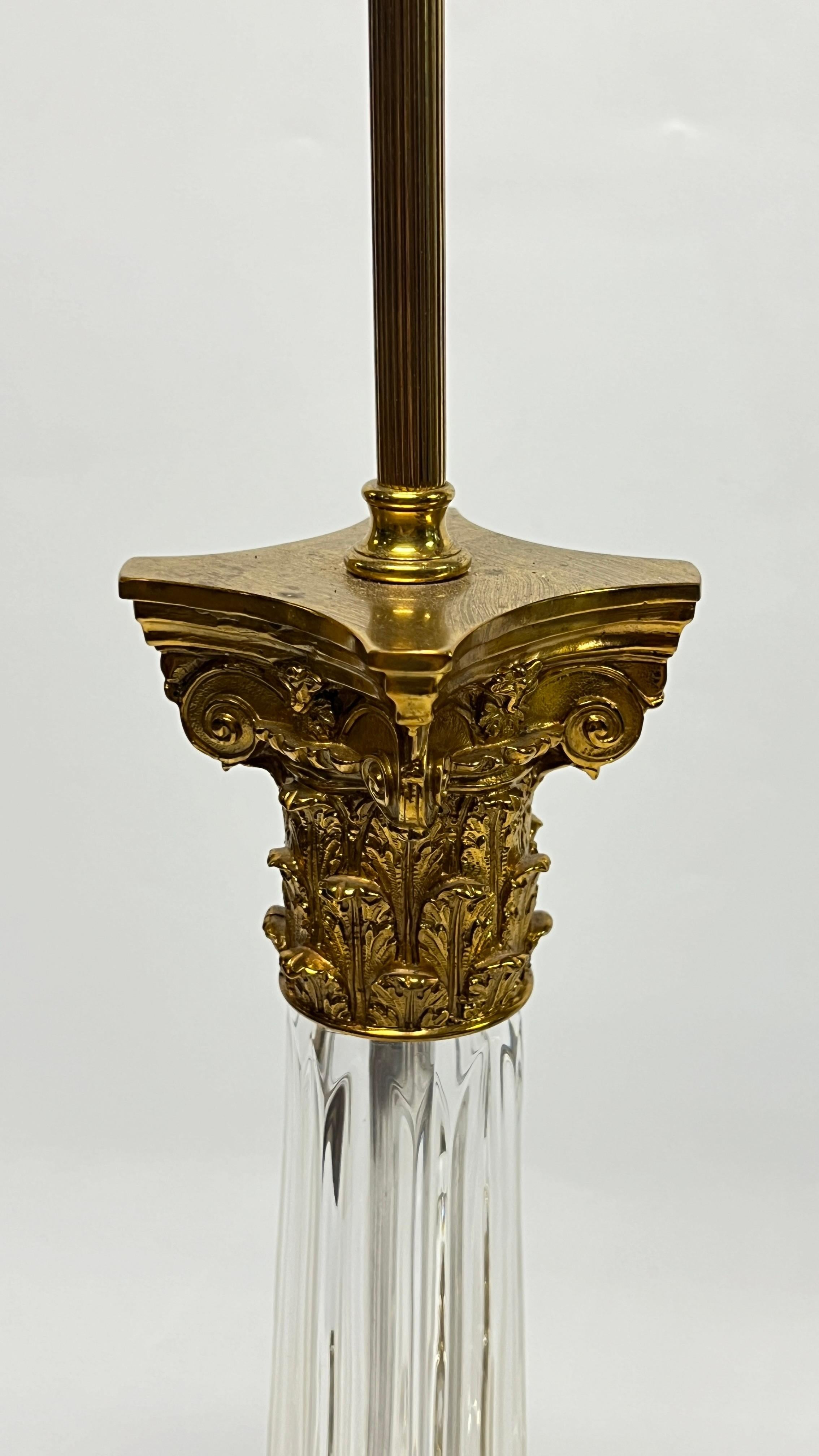 Pair Crystal & Gilt Bronze Roman Corinthian Column Form Table Lamps For Sale 5