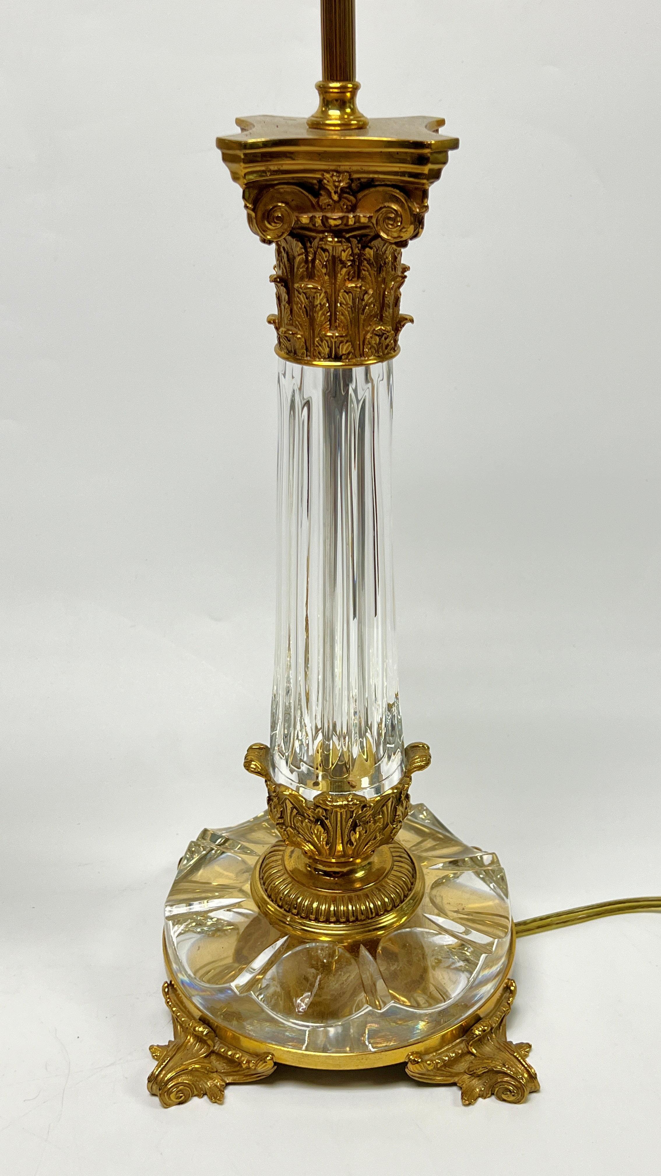 Pair Crystal & Gilt Bronze Roman Corinthian Column Form Table Lamps For Sale 8