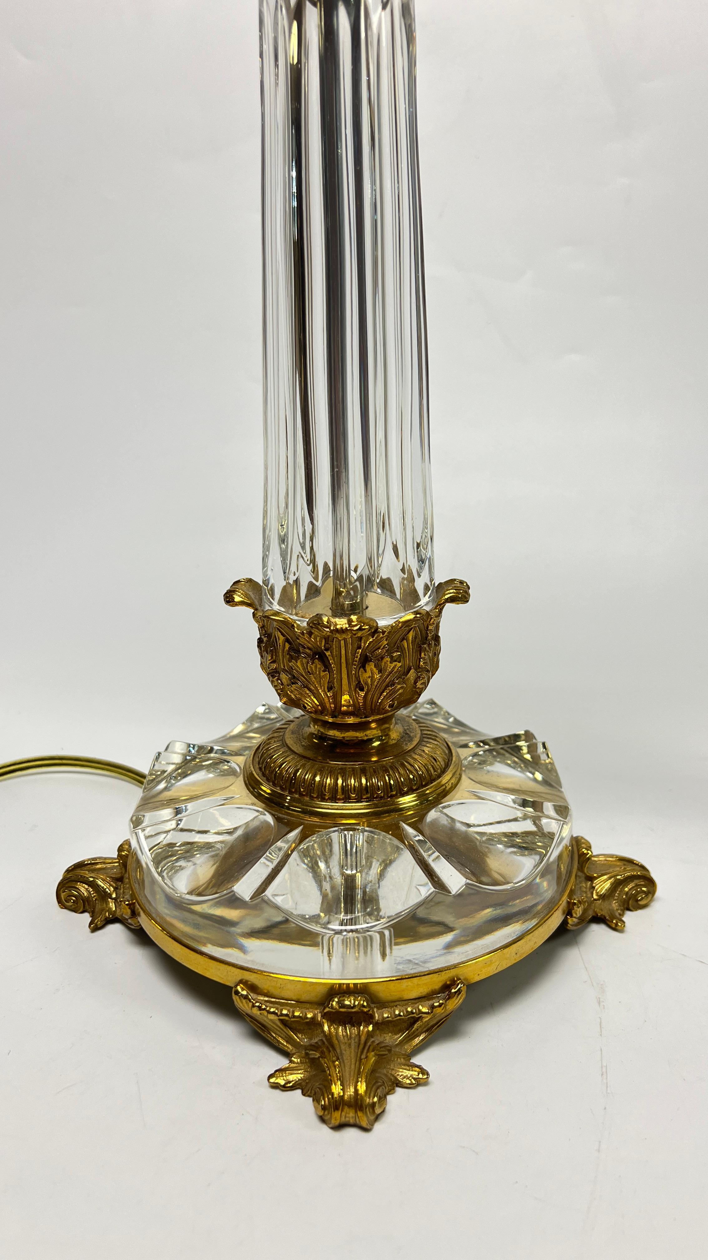Mid-Century Modern Pair Crystal & Gilt Bronze Roman Corinthian Column Form Table Lamps For Sale