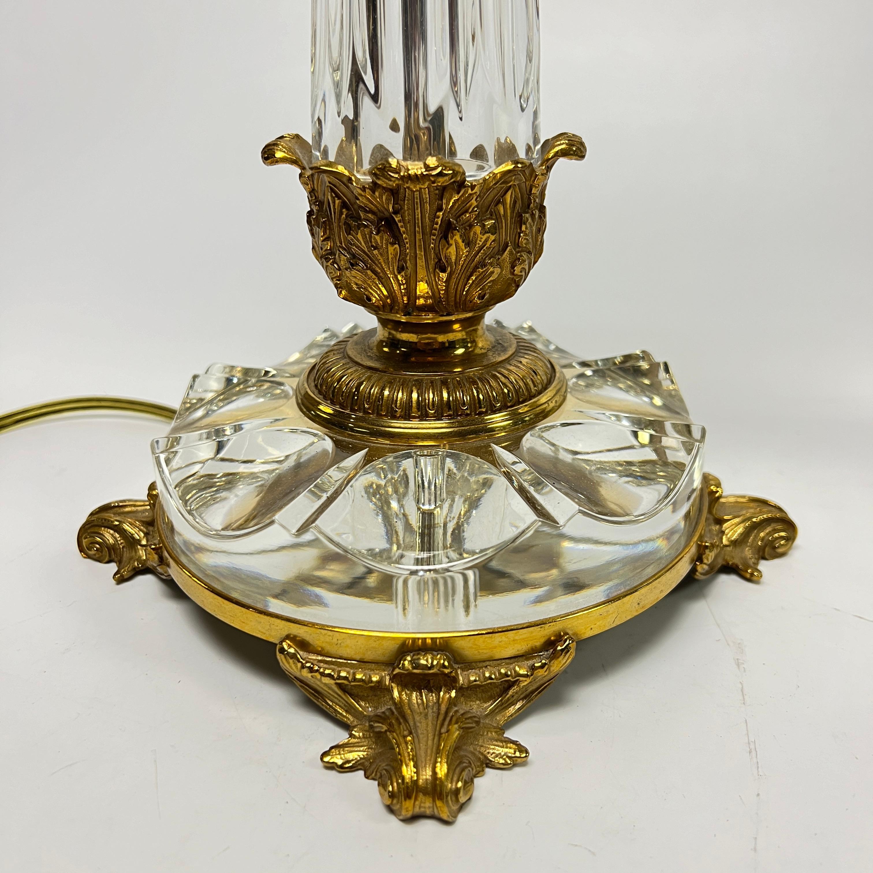 Pair Crystal & Gilt Bronze Roman Corinthian Column Form Table Lamps In Good Condition For Sale In New York, NY