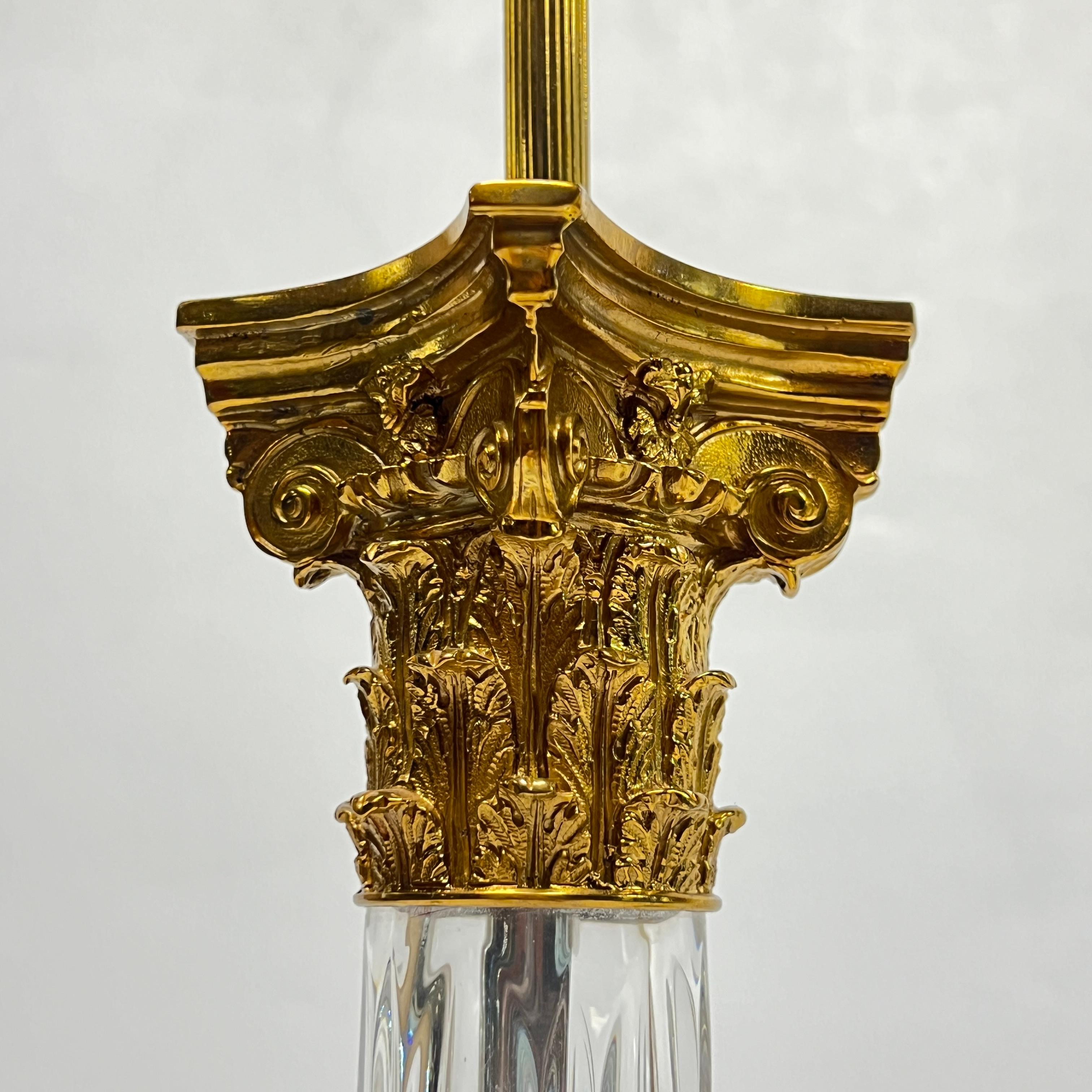 Pair Crystal & Gilt Bronze Roman Corinthian Column Form Table Lamps For Sale 2