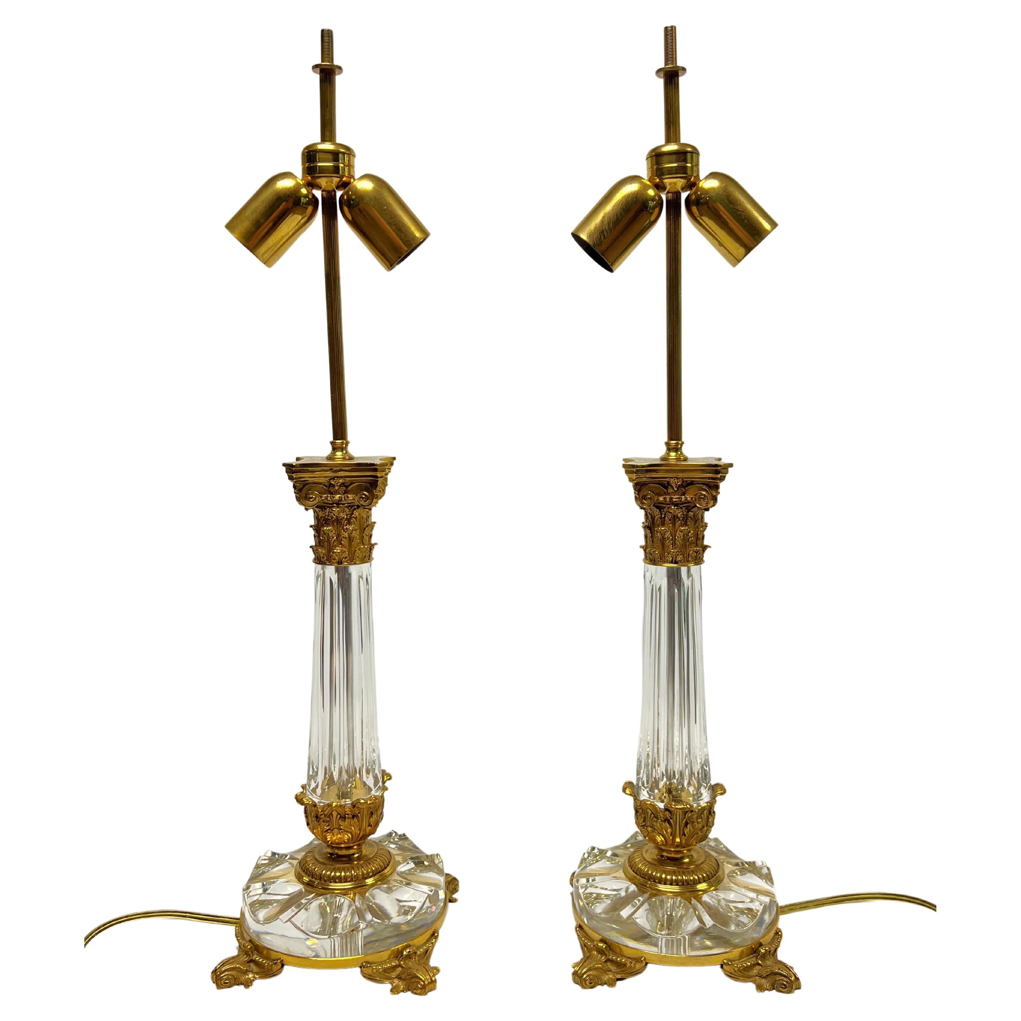 Pair Crystal & Gilt Bronze Roman Corinthian Column Form Table Lamps