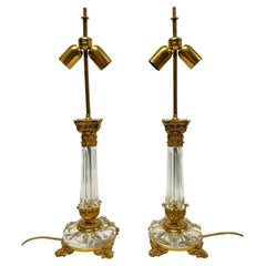 Paire de lampes de table en forme de colonne corinthienne romaine en cristal et bronze doré