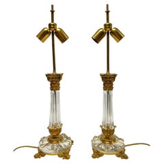 Pair Crystal & Gilt Bronze Roman Corinthian Column Form Table Lamps