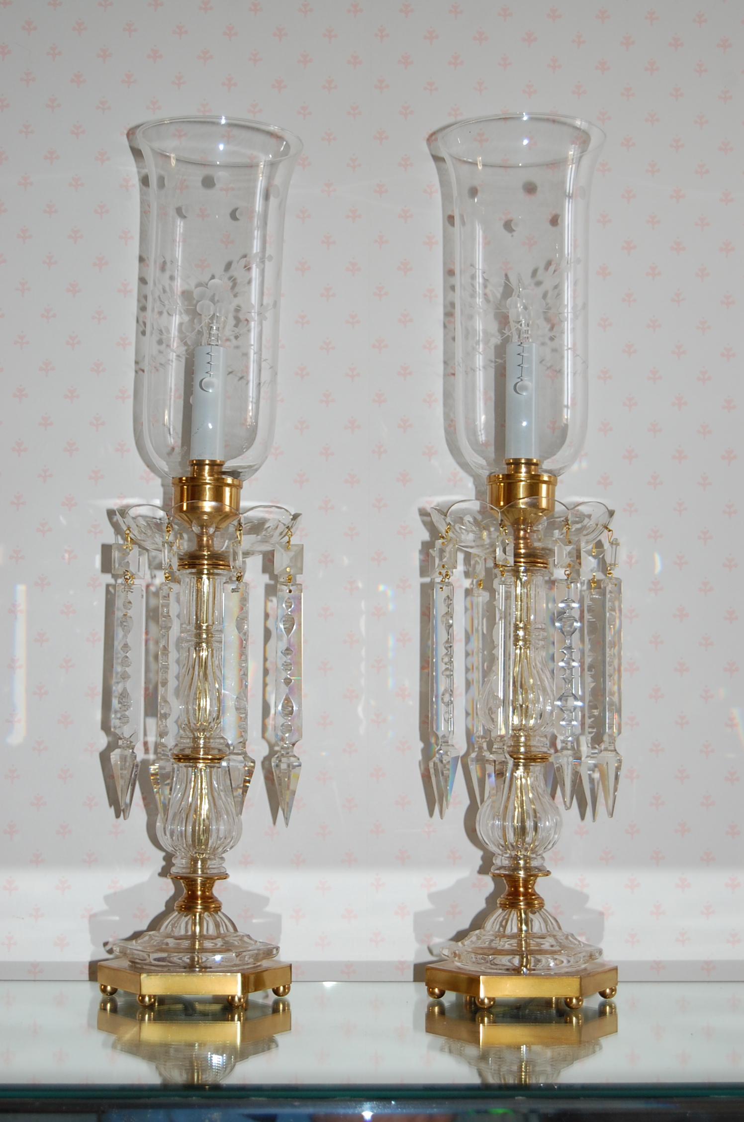 Art Deco Pair of Crystal Mantel Garnatures with Long Crystal Drops, 20th Century