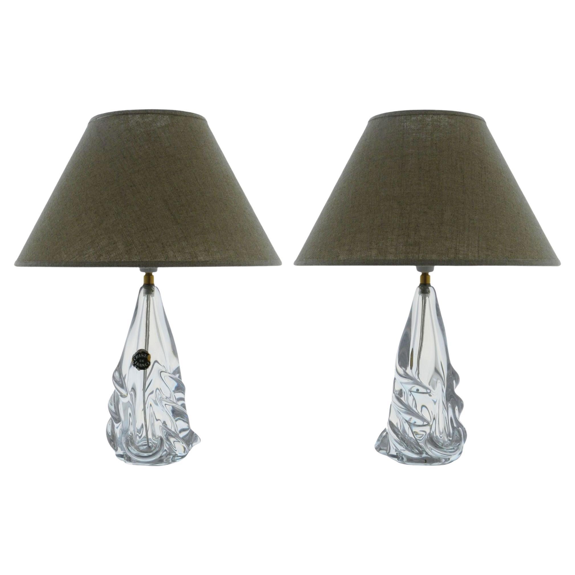 Pair Crystal Table Lamps Midcentury Cristal de France  For Sale