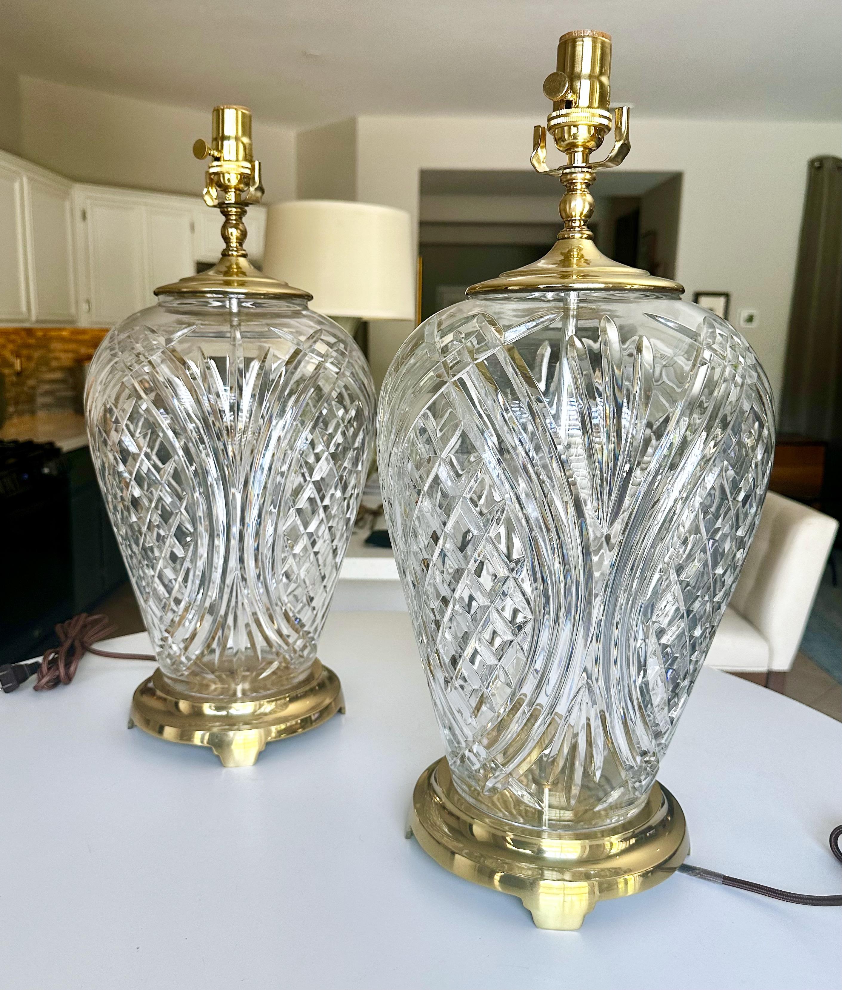 Pair Crystal Waterford Brass Table Lamps In Good Condition In Palm Springs, CA