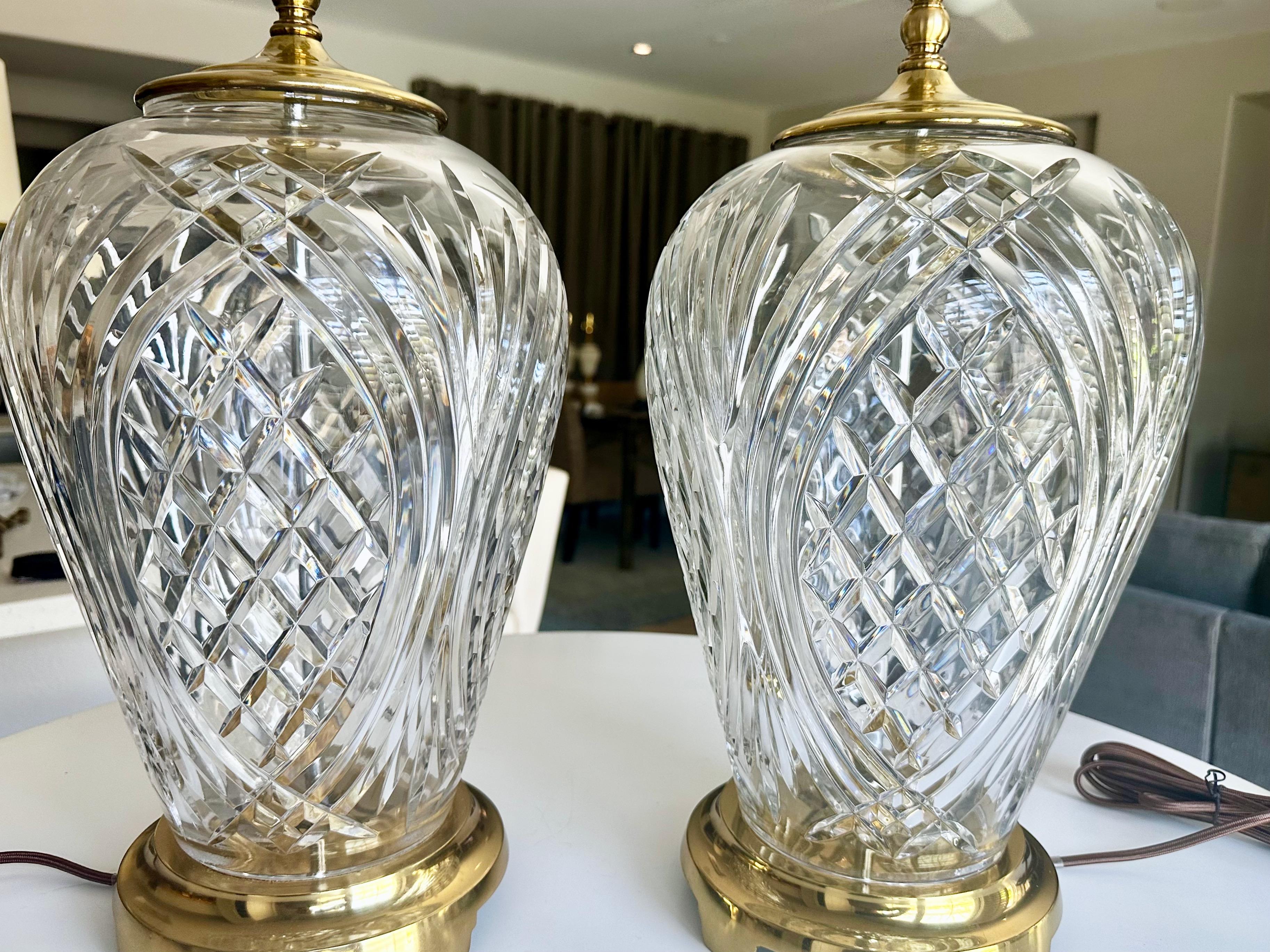 Late 20th Century Pair Crystal Waterford Brass Table Lamps