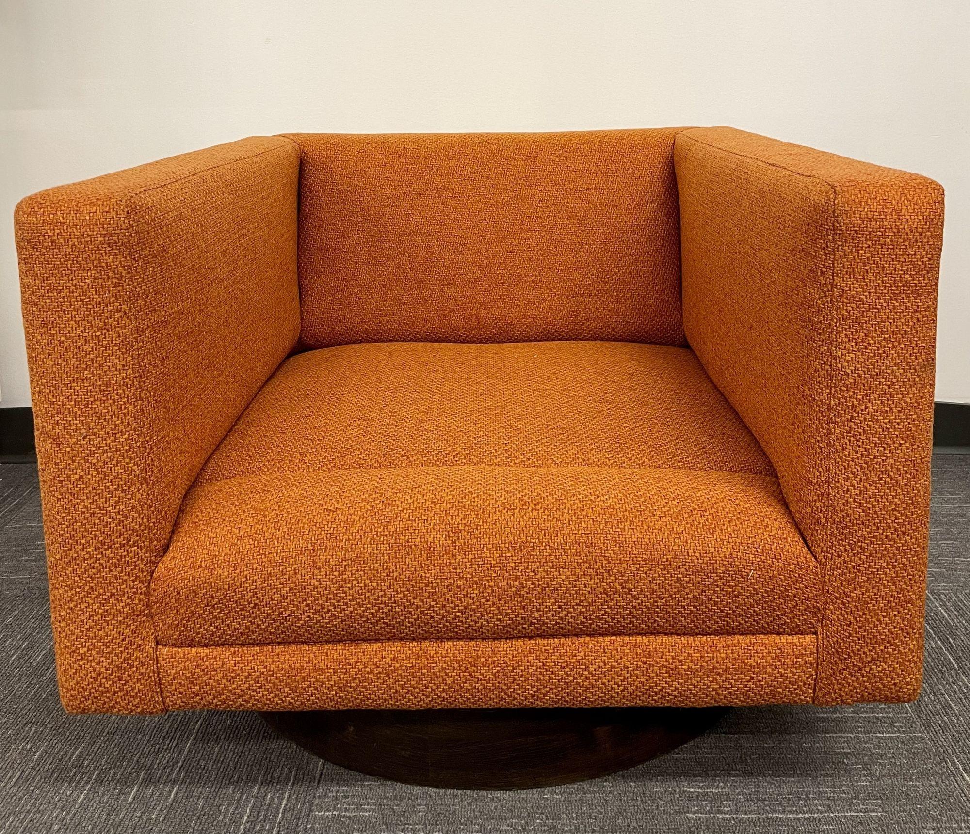 Fabric Pair Cube Mid-Century Modern Swivel Chairs, Milo Baughman Style