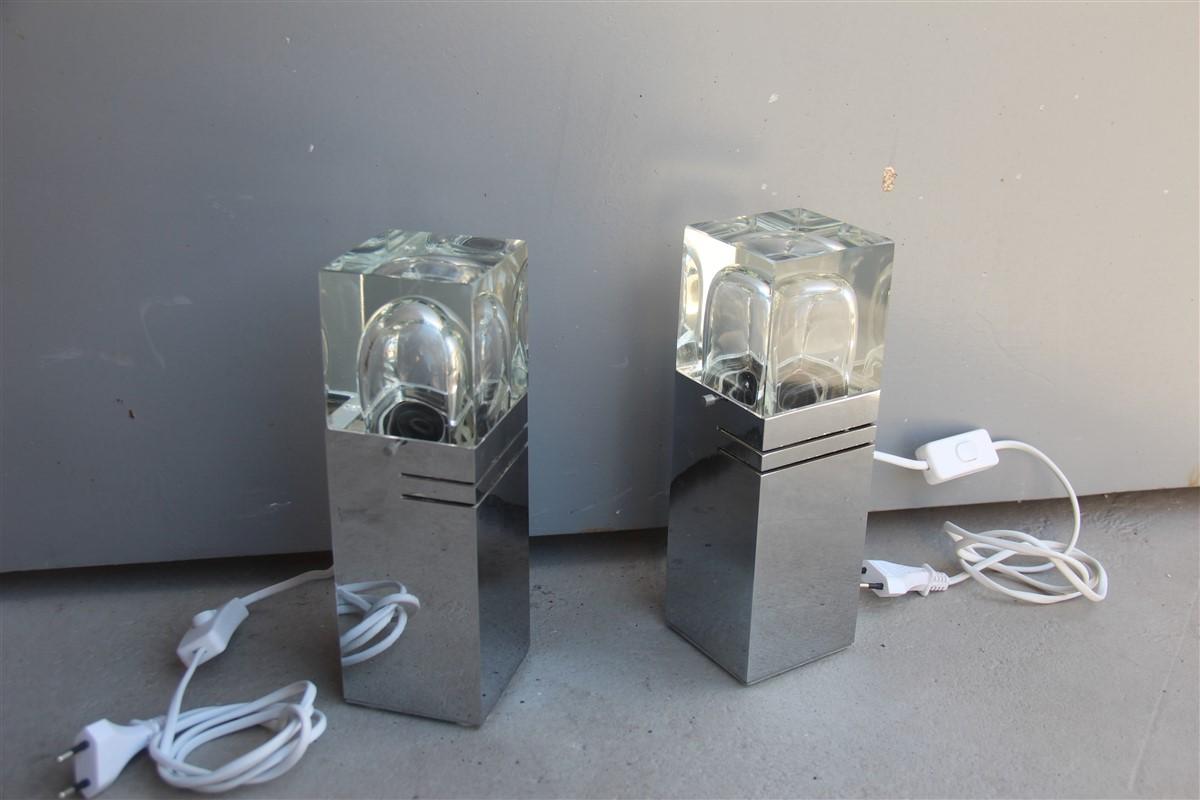 Mid-Century Modern Pair of Cubic Sciolari Table Lamp Steel Glass Italian Design, 1970s For Sale