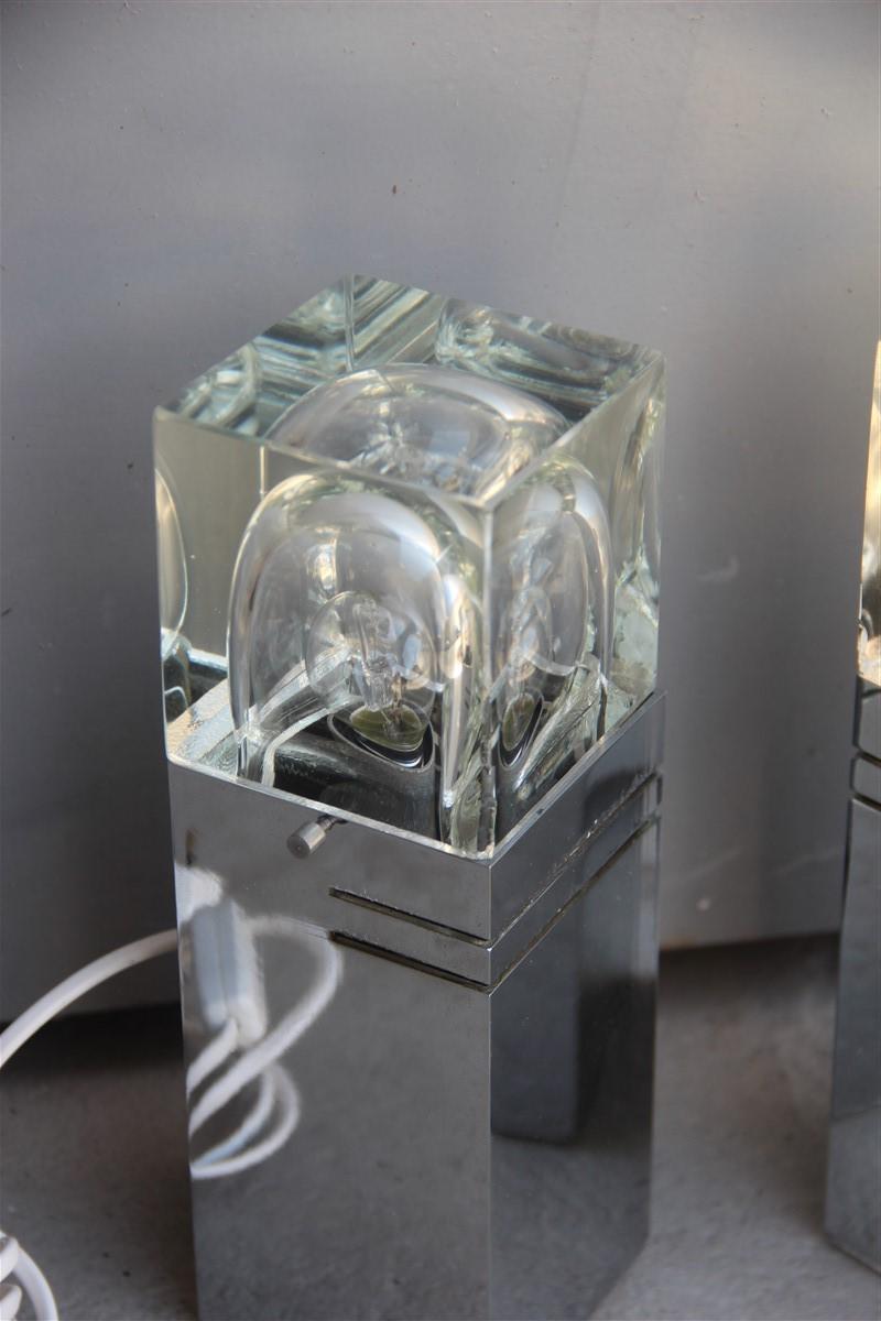 Late 20th Century Pair of Cubic Sciolari Table Lamp Steel Glass Italian Design, 1970s For Sale