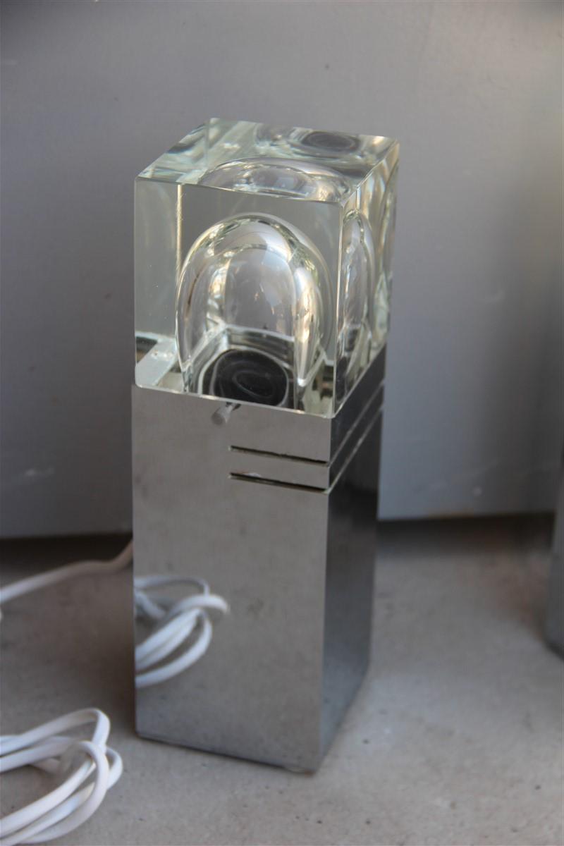 Late 20th Century Pair of Cubic Sciolari Table Lamp Steel Glass Italian Design, 1970s For Sale
