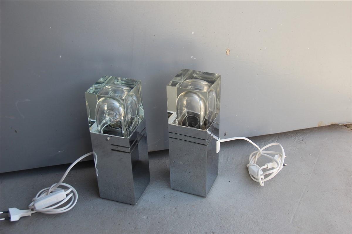 Acier Paire de lampes de table cubiques Sciolari en acier et verre Design italien:: 1970 en vente