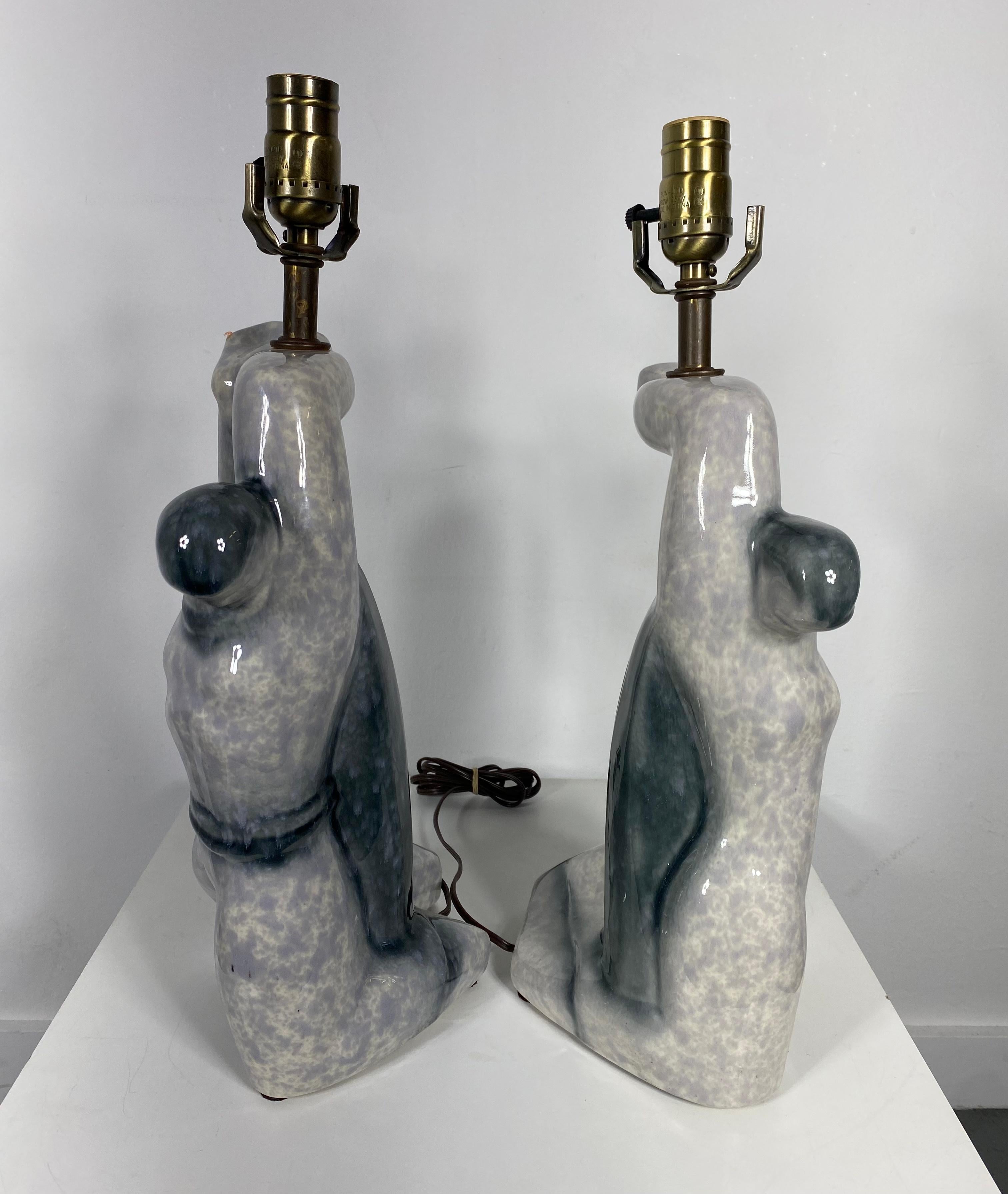 American Pair Cubist Sculptural 1940s Heifetz Ceramic Figure Lamps For Sale