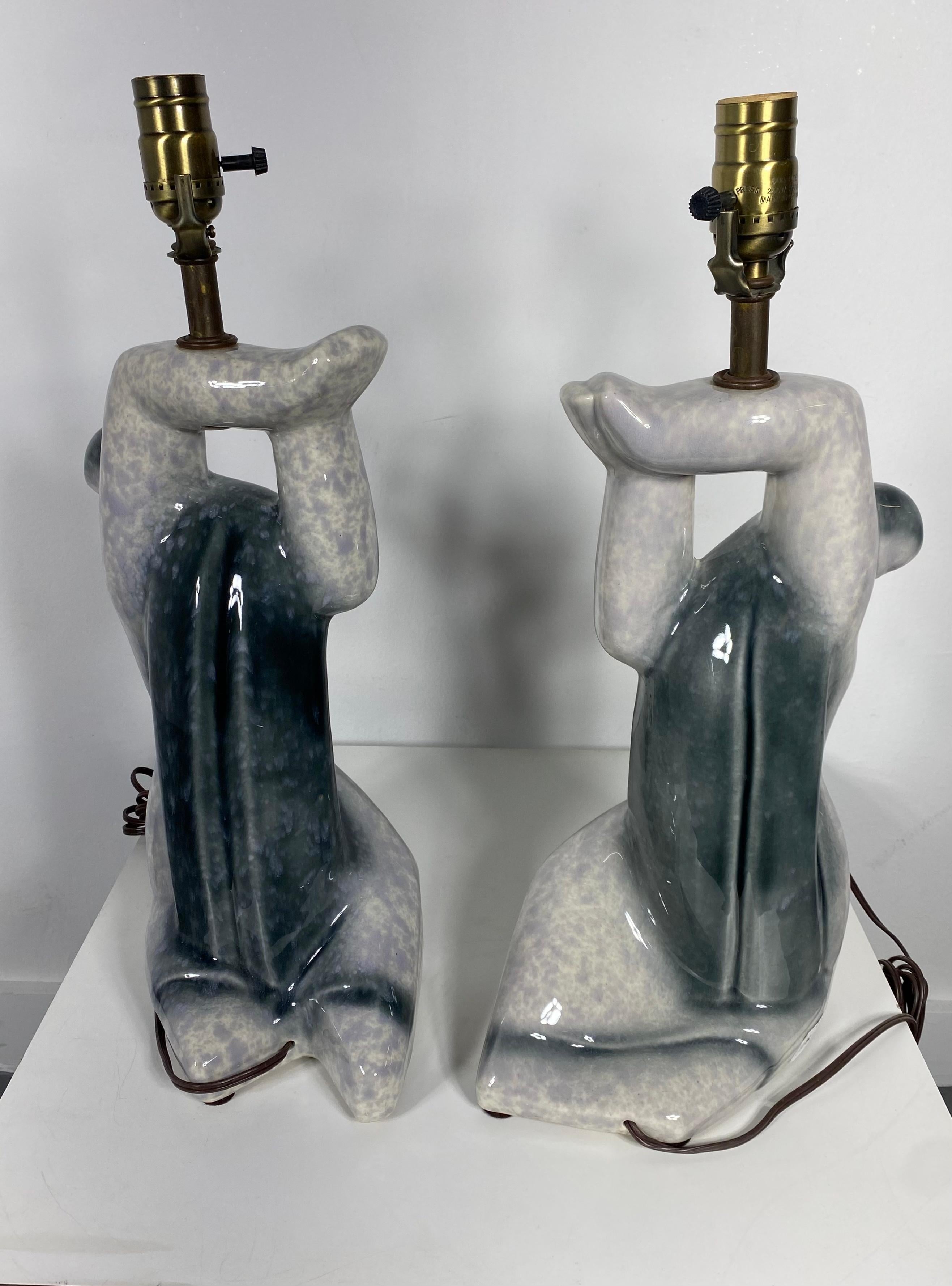 Pair Cubist Sculptural 1940s Heifetz Ceramic Figure Lamps In Good Condition For Sale In Buffalo, NY